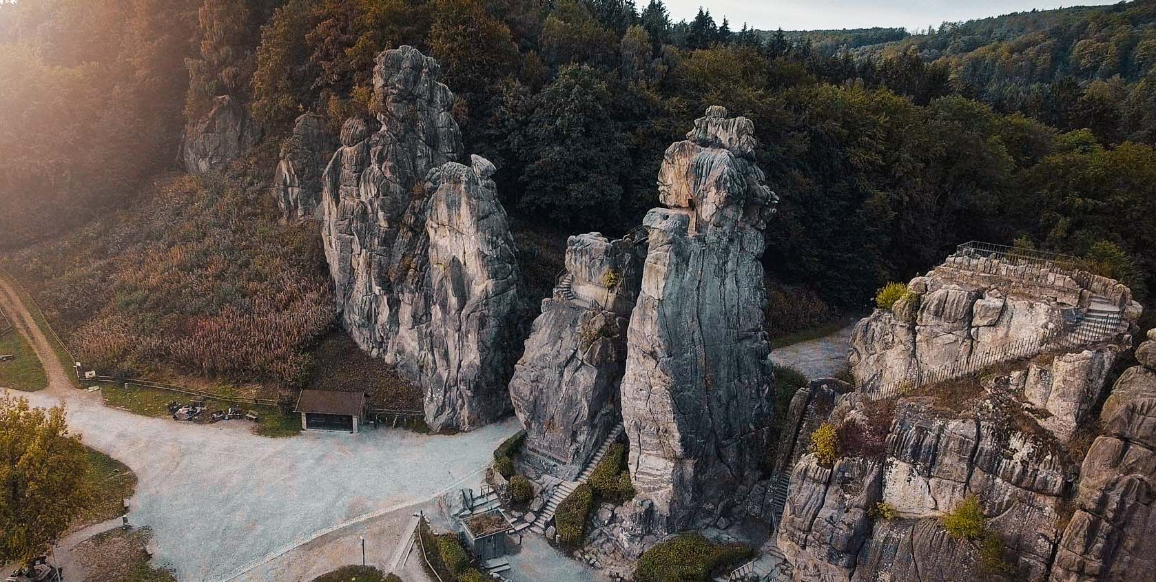 Bird's eye view of the Externsteine in the Teutoburg Forest