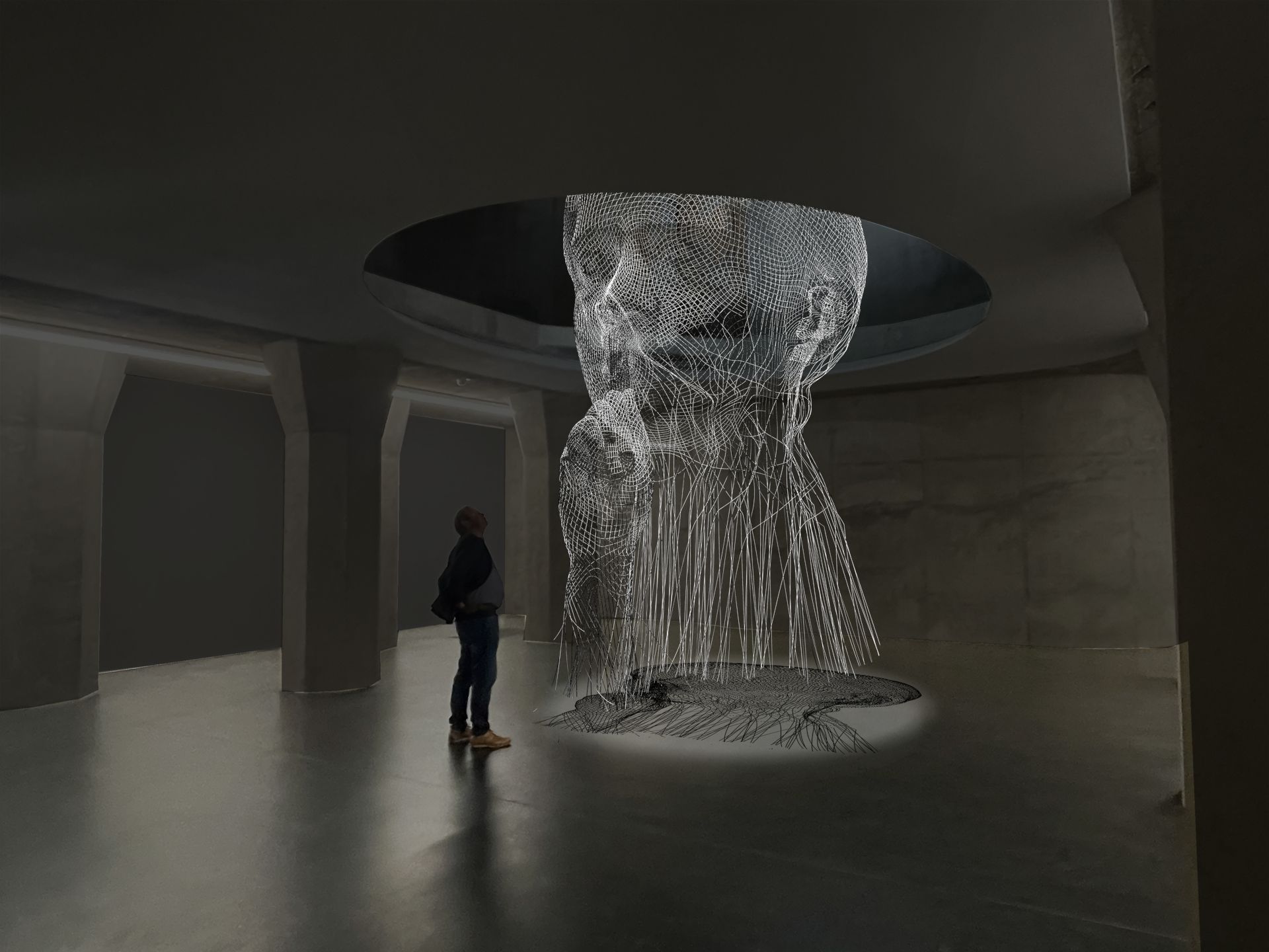 The "Invisible Anna" installation, which is about seven meters tall, appears almost weightless in the Siloraum at the Küppersmühle Museum