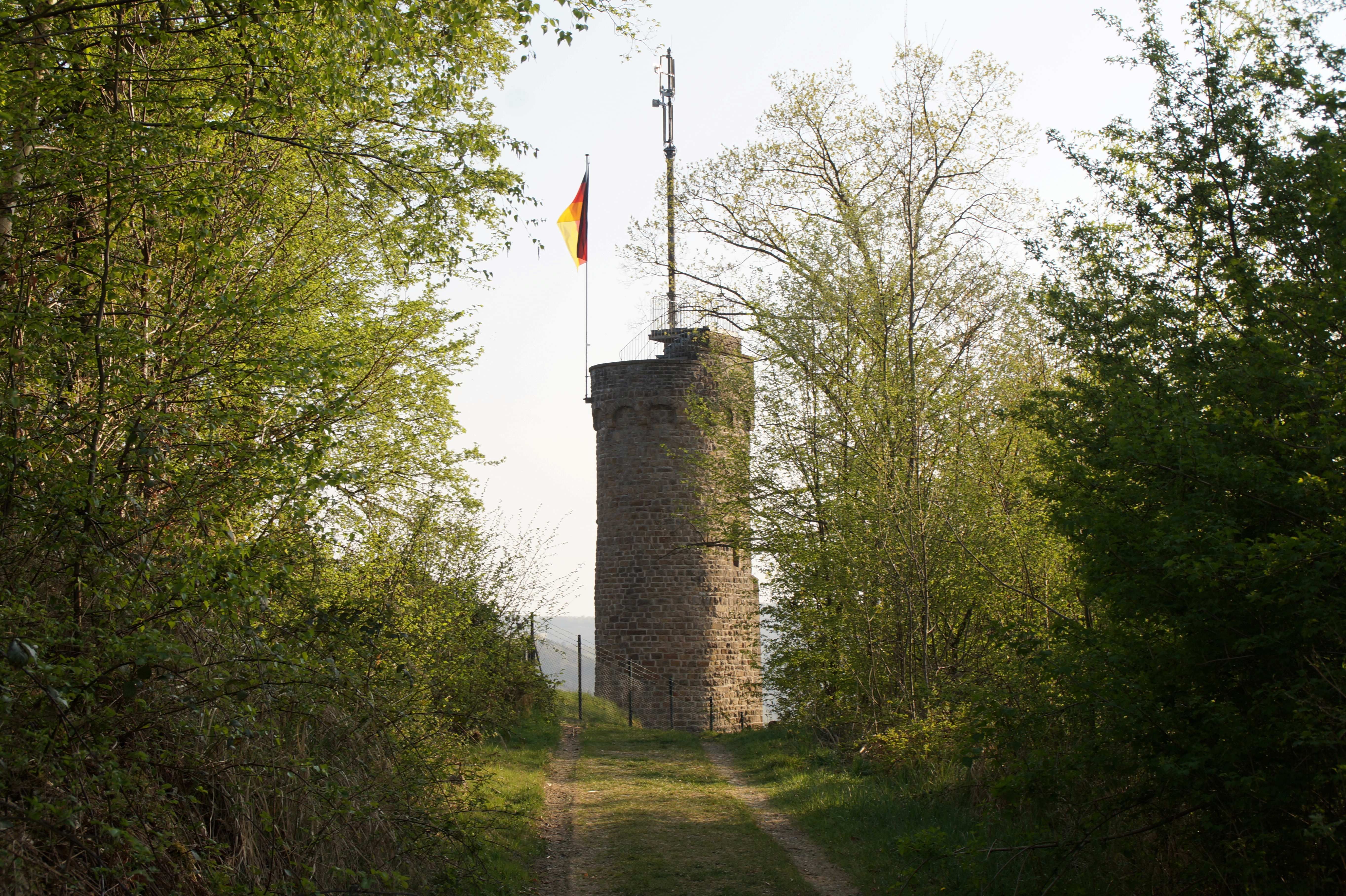 Viewing tower in the woods with flag