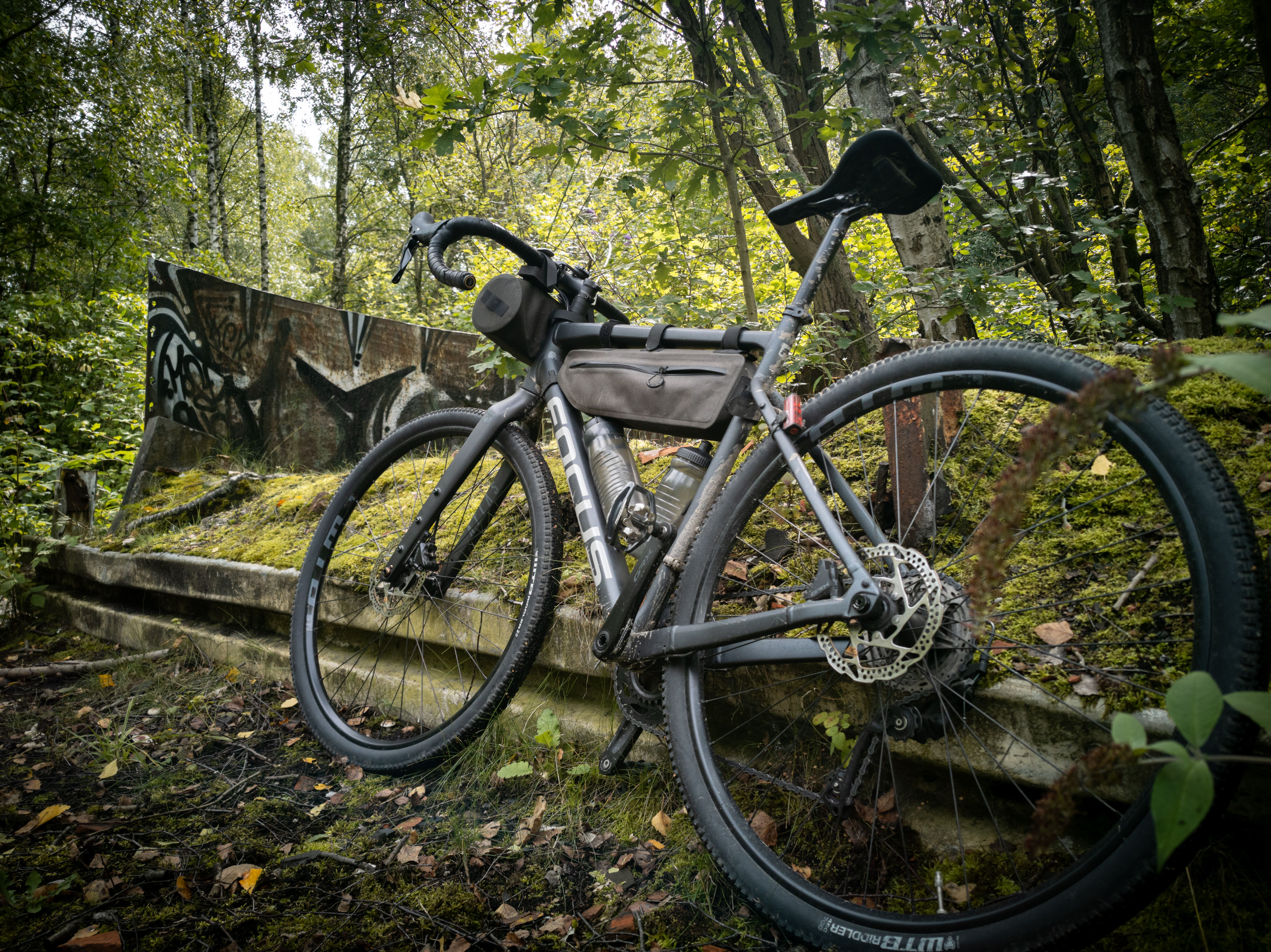 A gravel bike stands in the forest next to a concrete wall decorated with graffiti.
