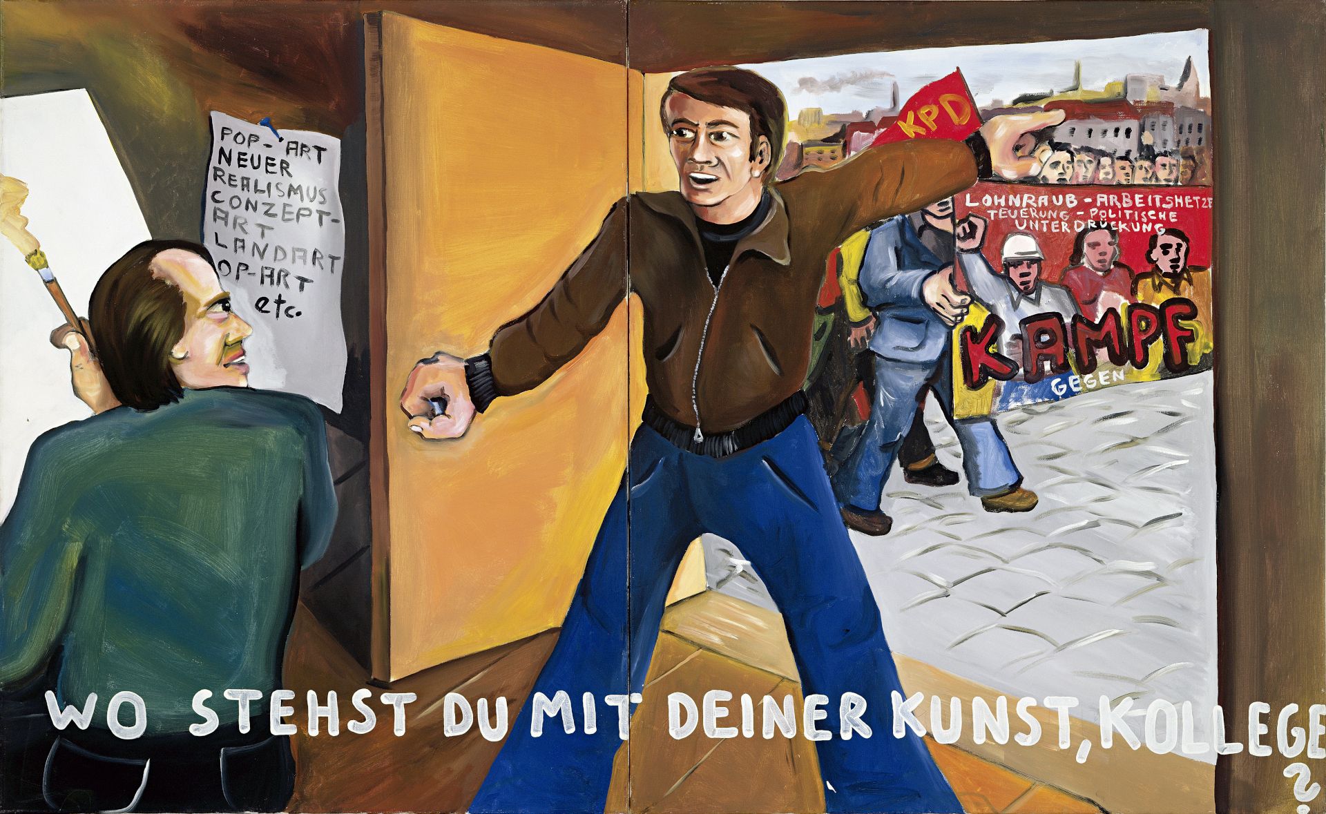 Jörg Immendorff, Where Do You Stand with Your Art, Colleague?, 1973, acrylic on canvas, 2-part work, each 130 × 210 cm, Musée d’Art Moderne de la Ville de Paris, Photo: Farbanalyse