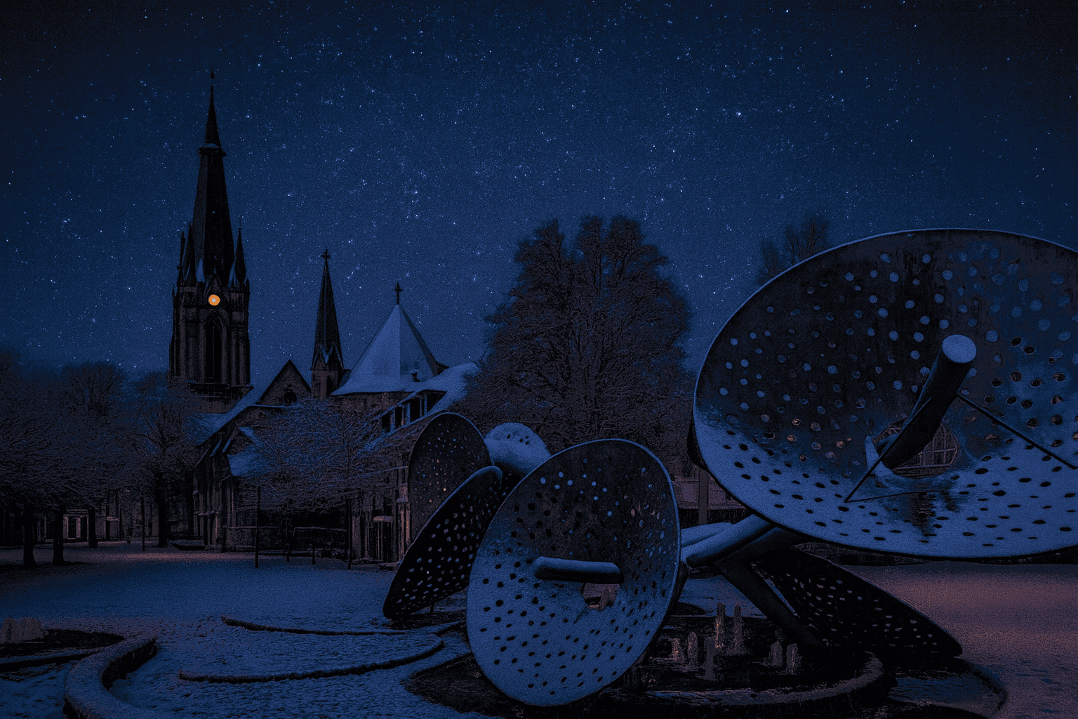 The night-time view of the Emsdetten shooting star market presents the church and large, snow-covered sculptures under a clear starry sky.