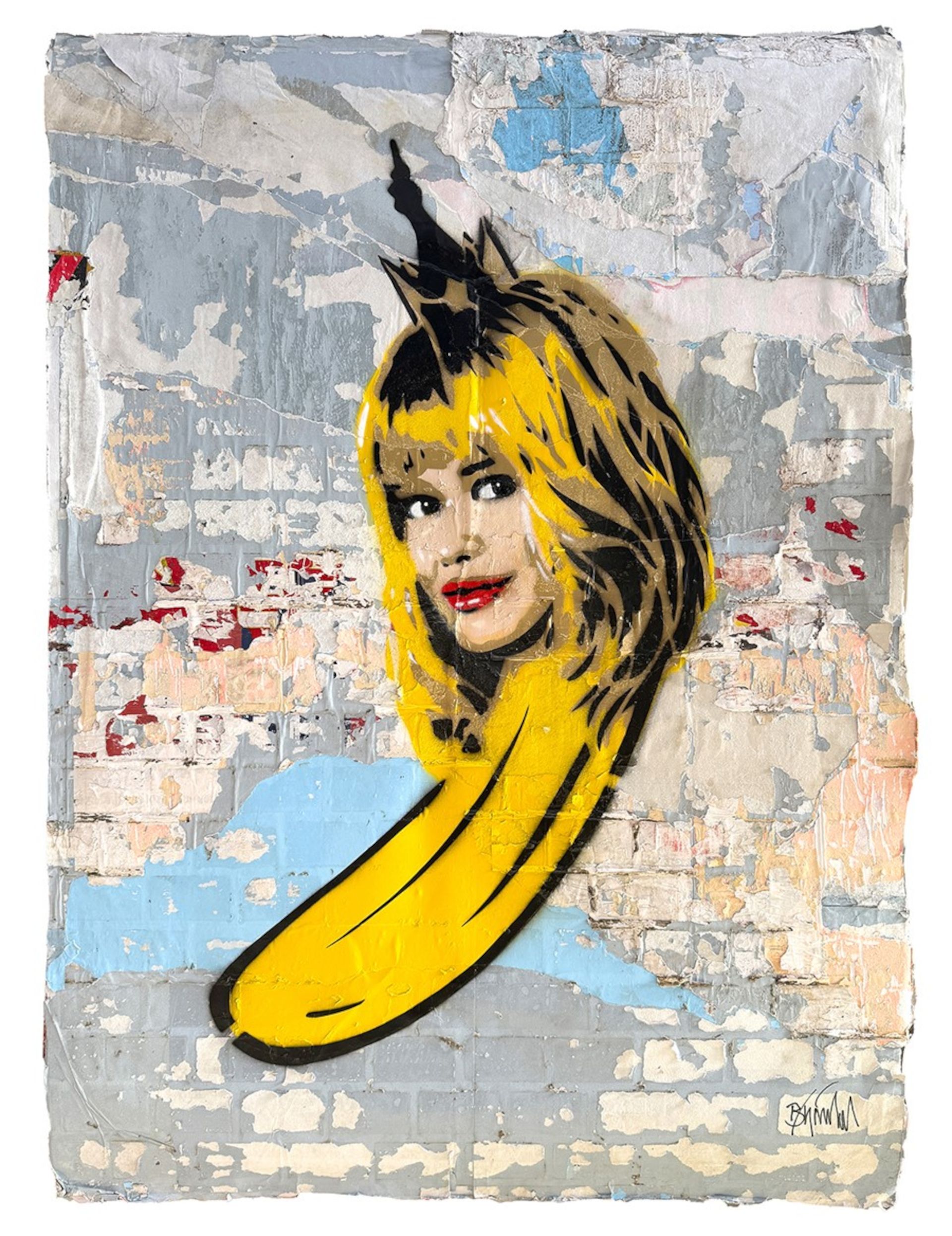 Claudia-Schiffer-Banana, 2026, spray paint on poster board, 165 x 120 cm, WVZ no. 3102