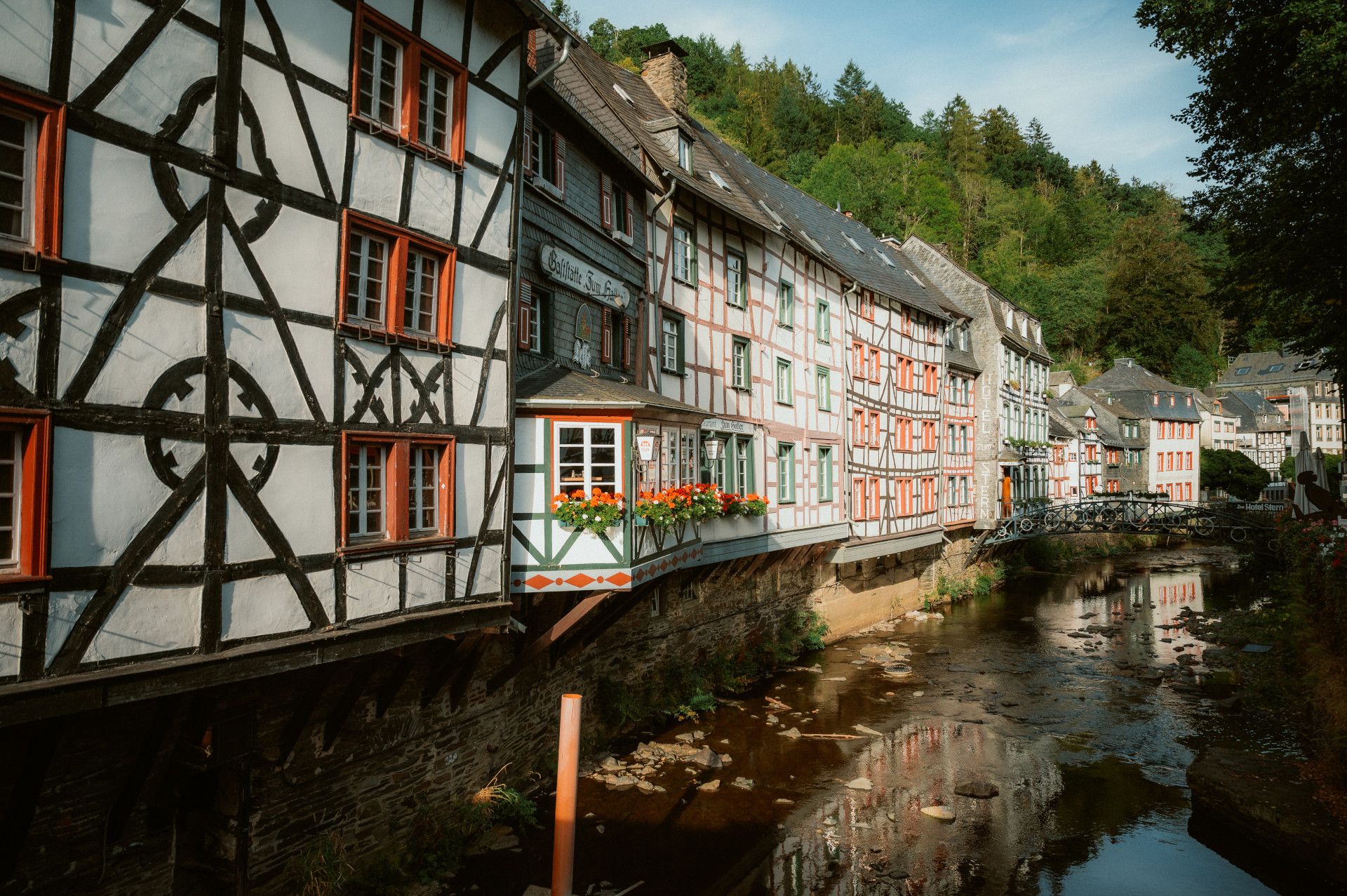 Half-timbered houses in Monschau, stretching along the River Rur.