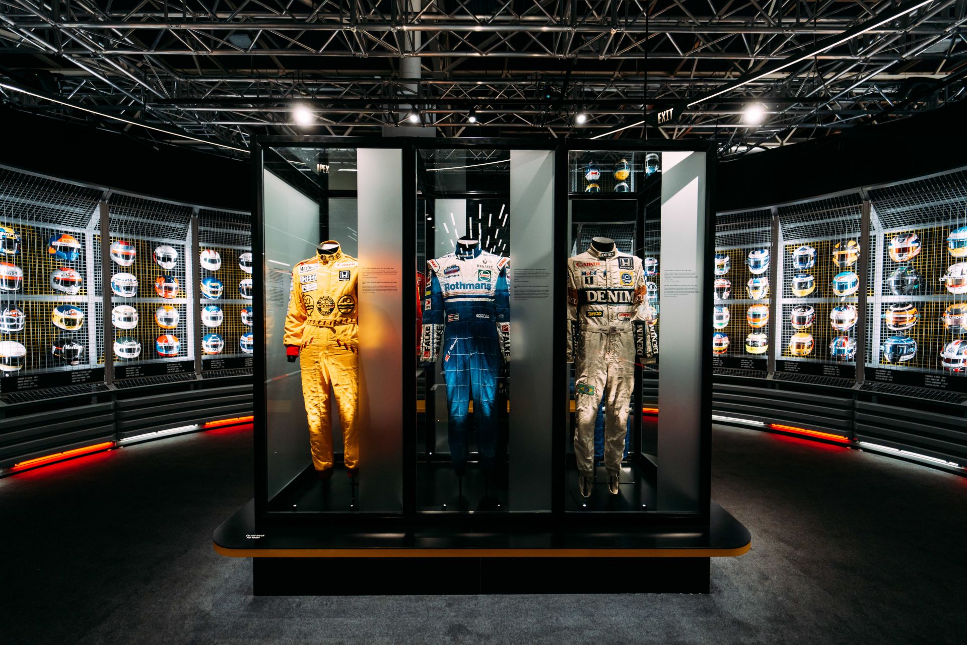 In the "Drivers & Duels" themed area, guests will come across an exhibition wall with almost 100 helmets and some suits