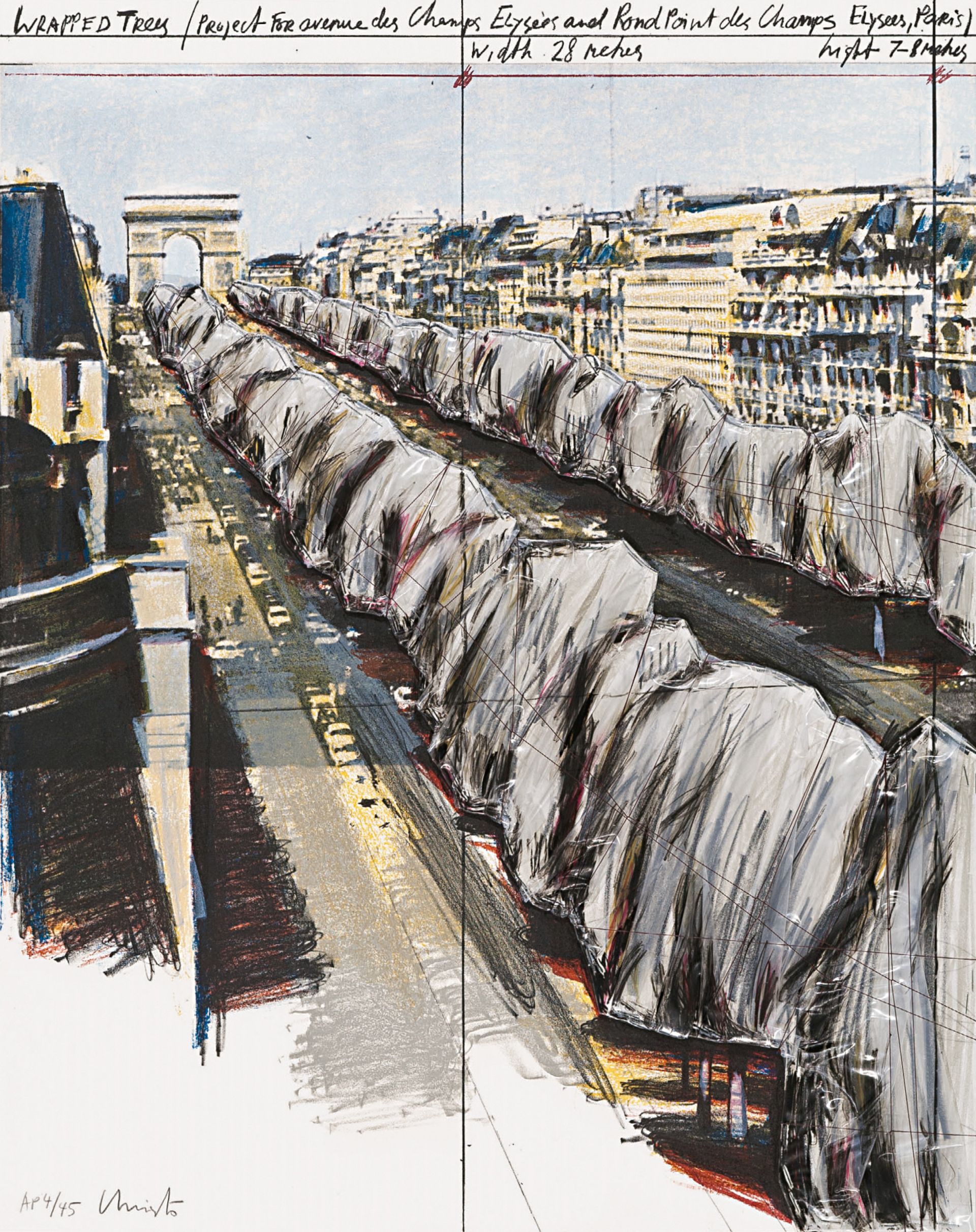 Wrapped Trees (Project for the Avenue des Champs-Elysées, Paris), 1987, lithograph with collage of polyethylene foil, string and staples, reworked with wax crayon, Christo and Jeanne Claude Foundation
wax crayon, Christo and Jeanne-Claude Foundation, New York