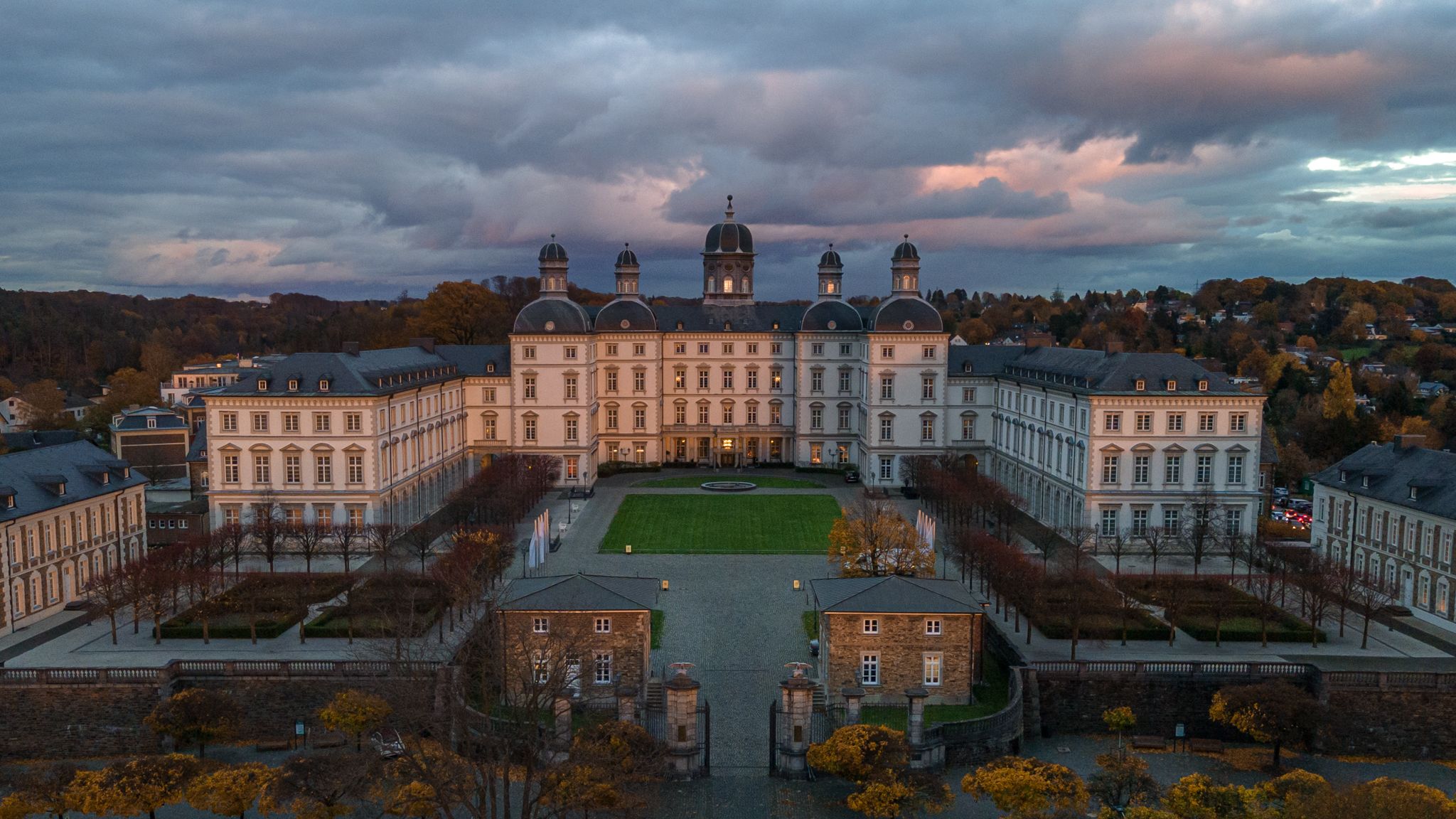 Drone shot of the Althoff Grandhotel Schloss Bensberg in Bergisch Gladbach