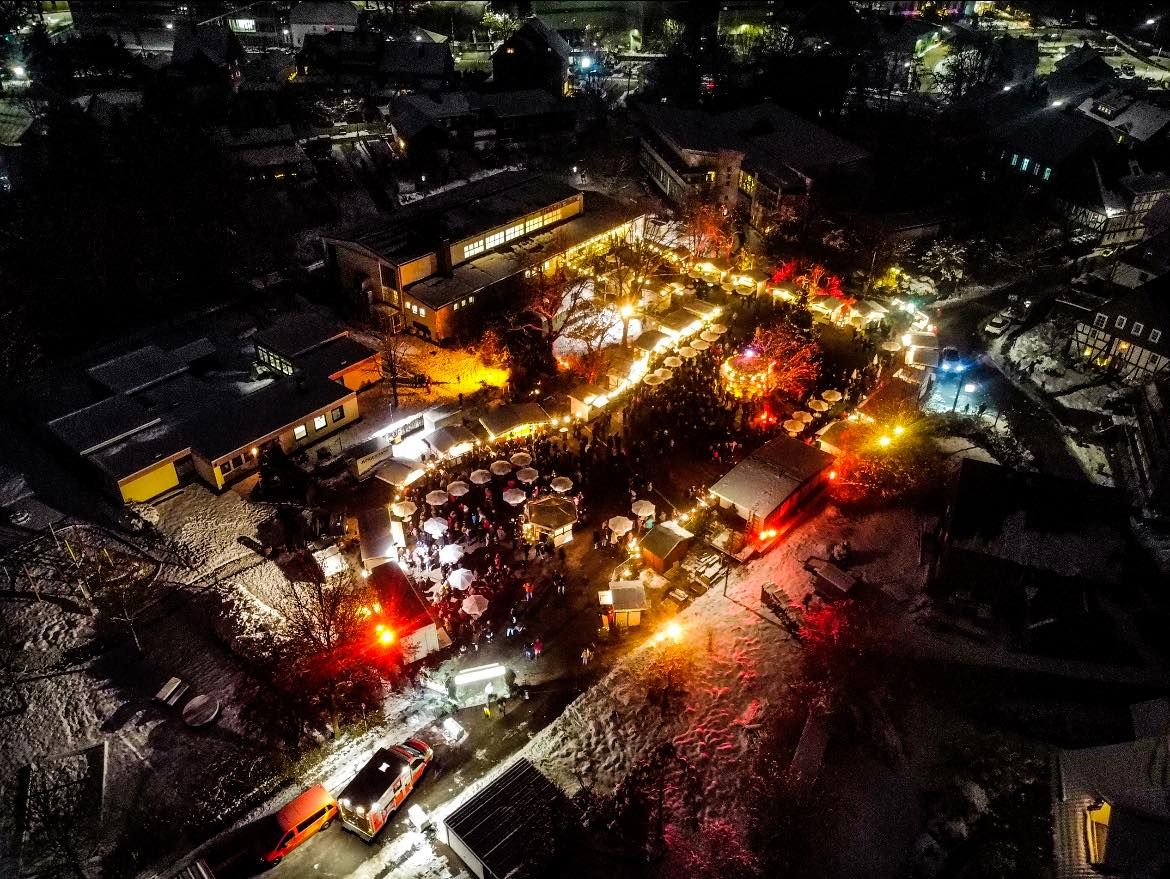 A bird's eye view of the illuminated Krombach Christmas market