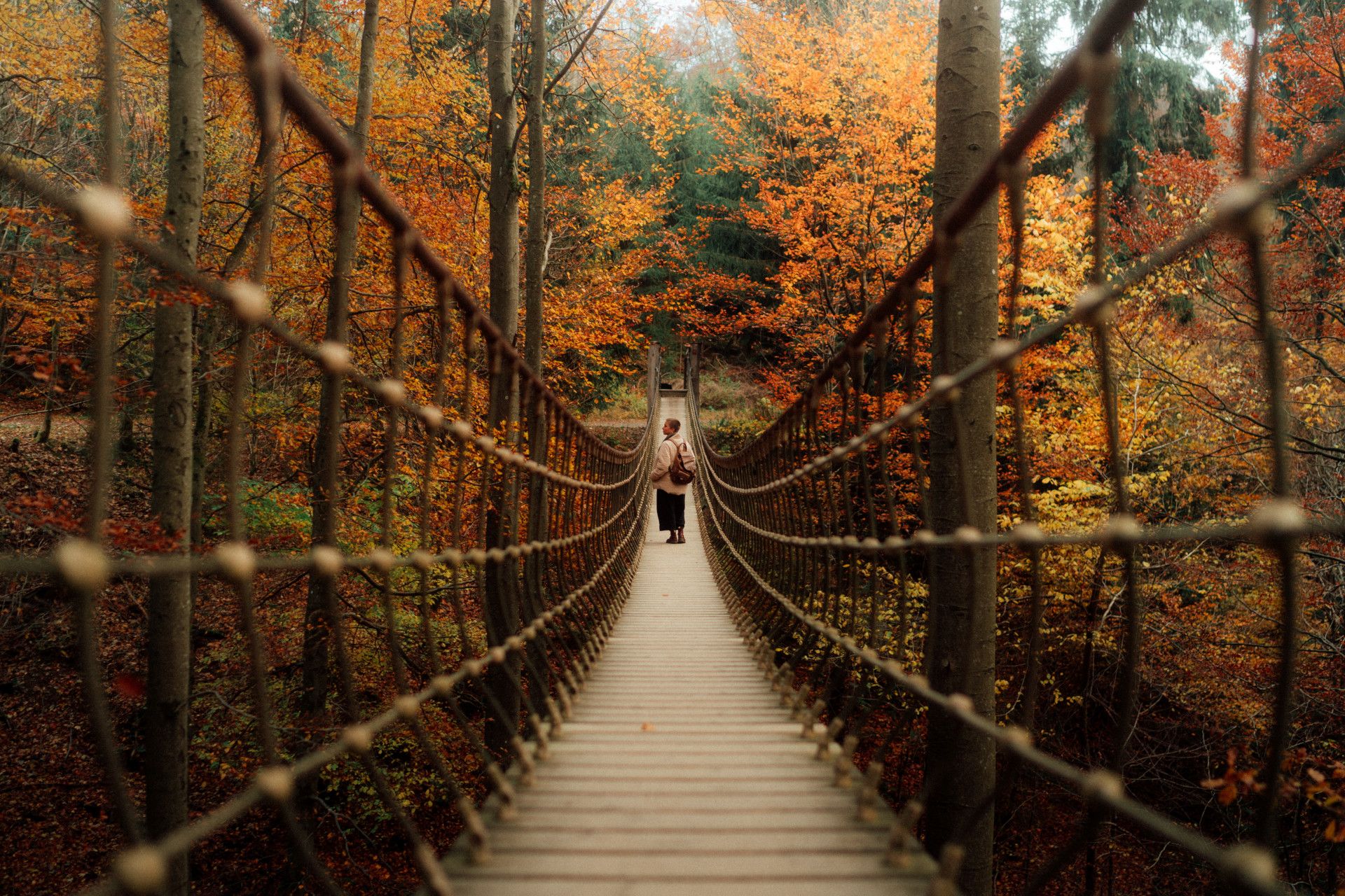 Hiker on the suspension bridge in Kühhude