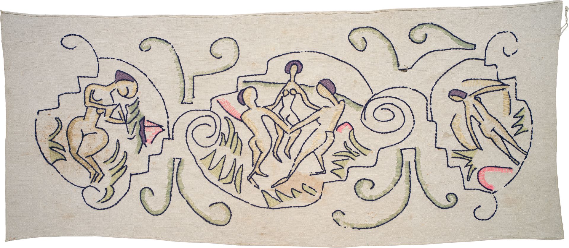 Erna Schilling, Tablecloth, 1914/15, based on a design by Ernst Ludwig Kirchner, embroidered with wool threads on linen
