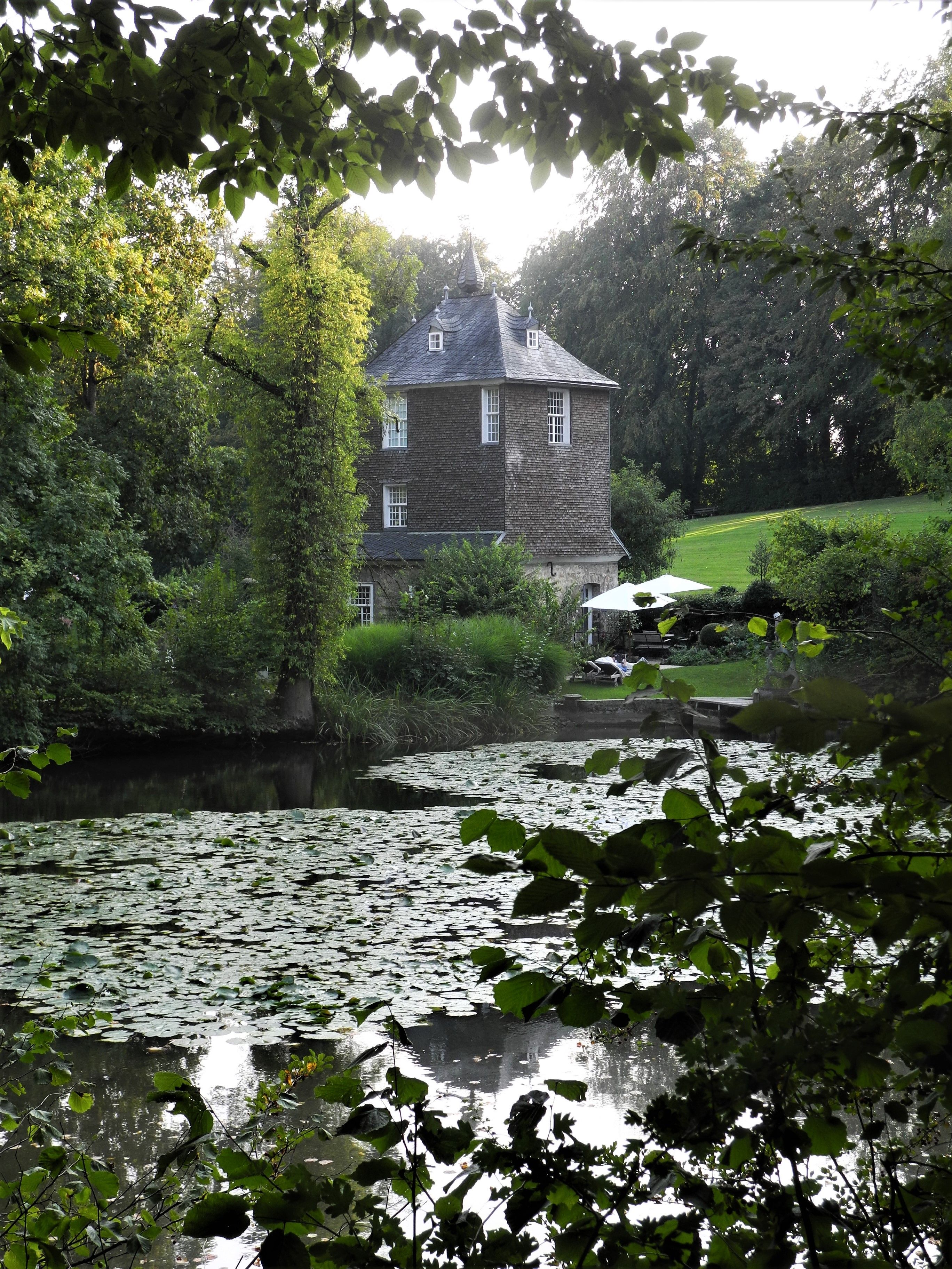 Beautiful nature surrounds Lüntenbeck Castle. The mill tower can be seen from the castle pond