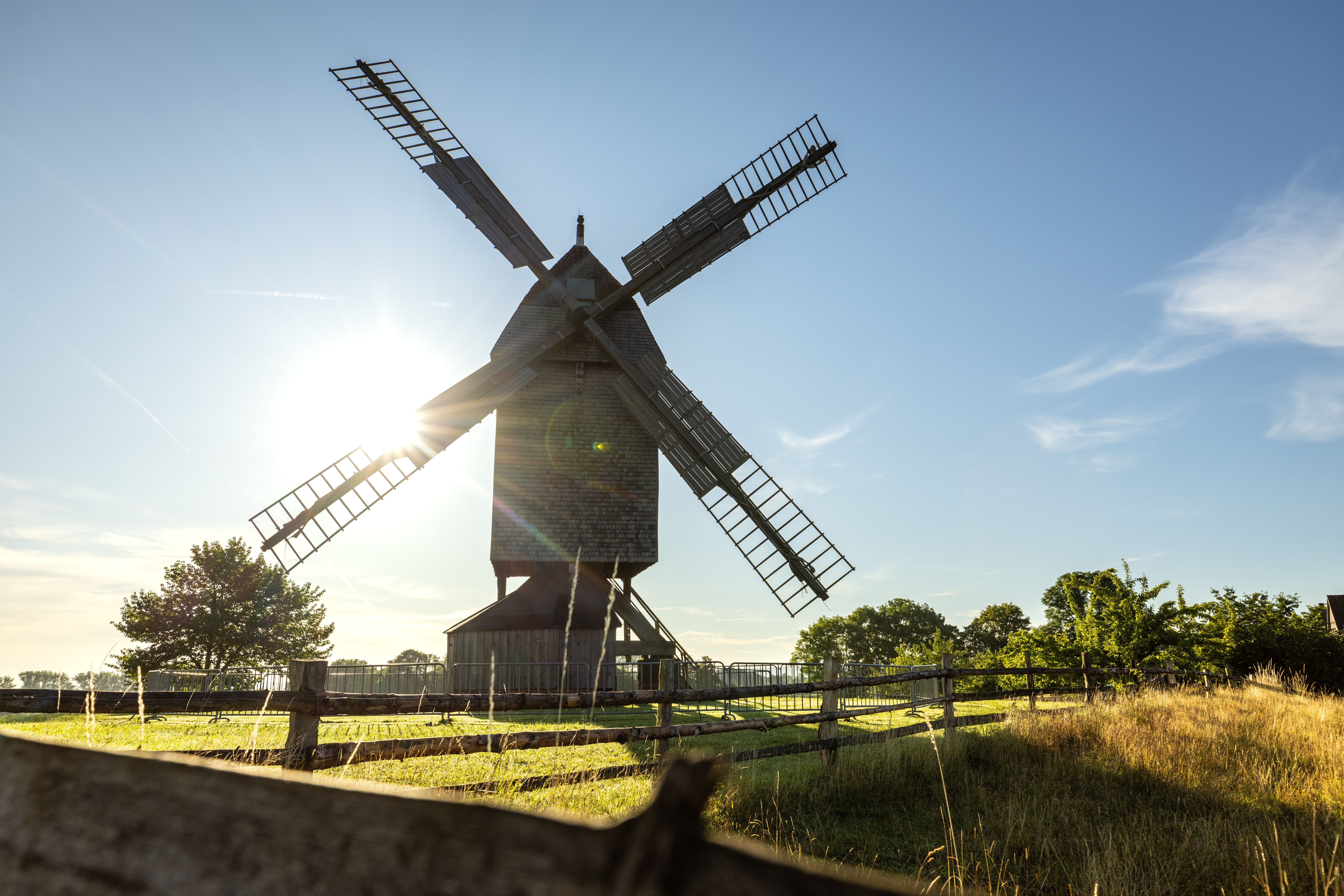A historic windmill at the LWL Museum in Hellerlecht at sunset