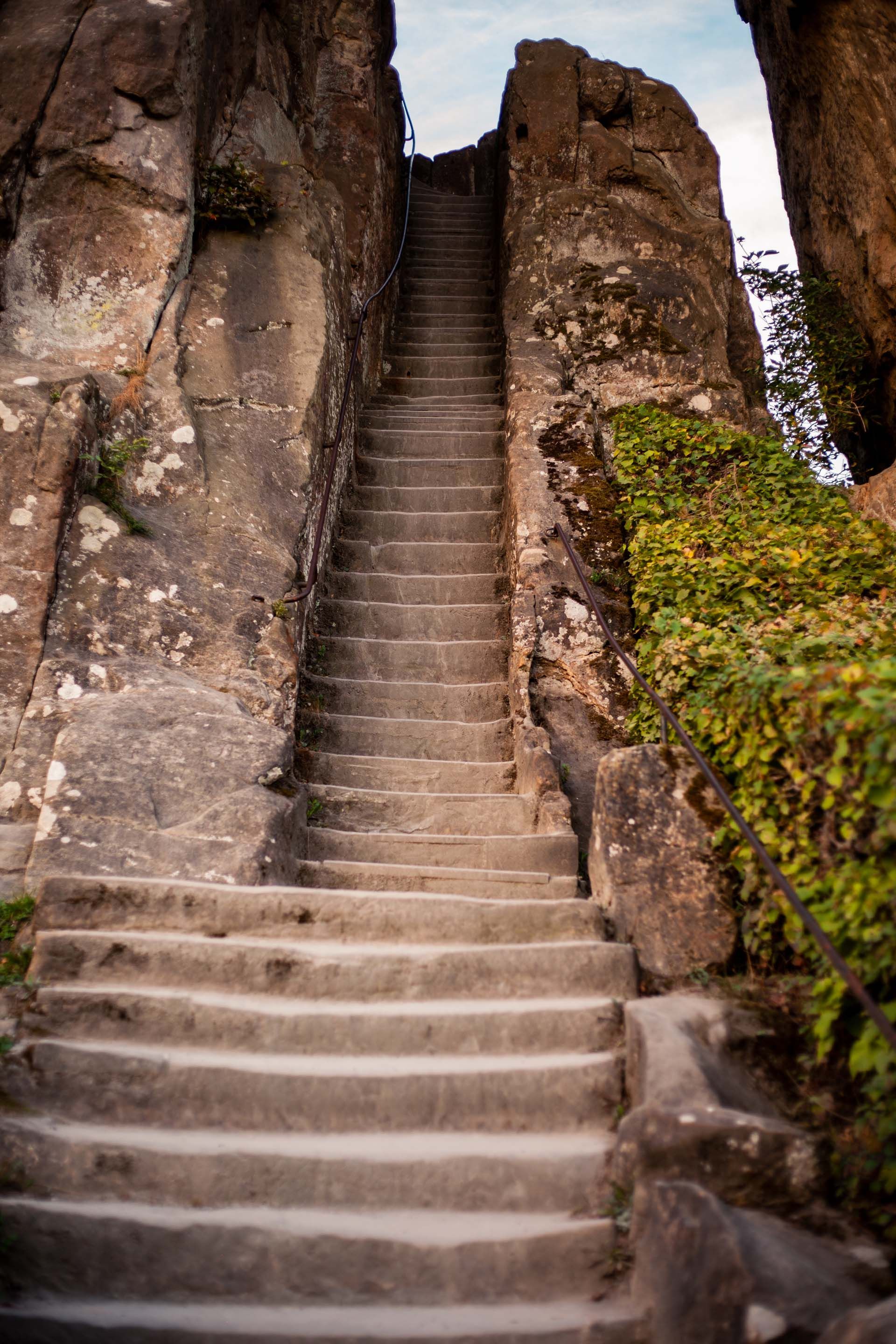View of a staircase at the Externsteine in the Teutoburg Forest