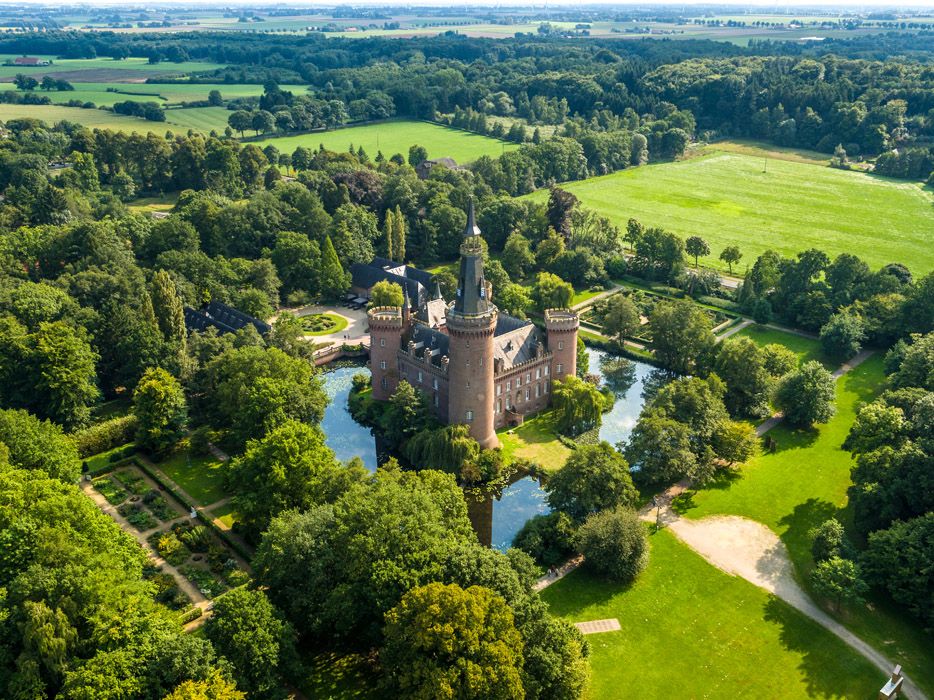 Aerial view of Moyland Castle: The moated castle near Bedburg-Hau in the district of Kleve