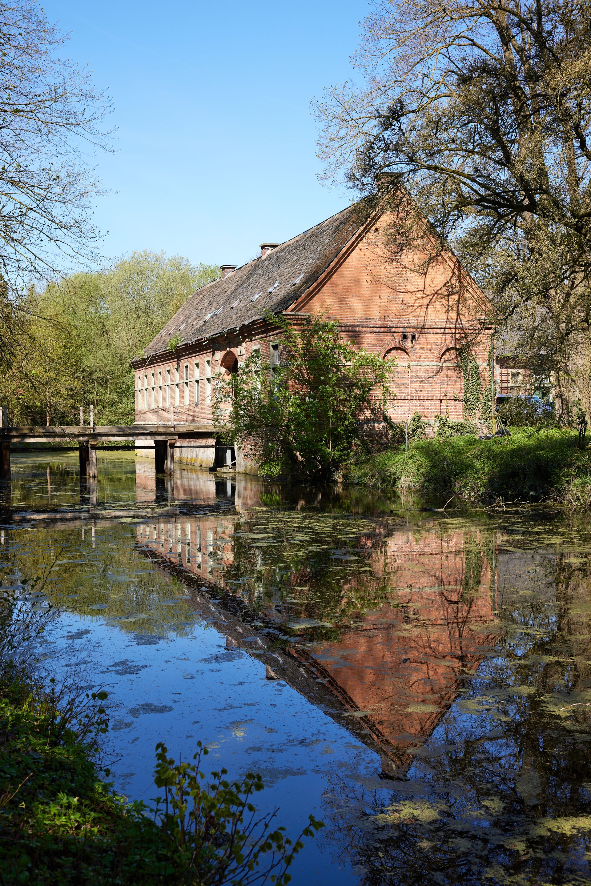 The Renaissance castle of Assen in the Lippe Valley is surrounded by trees and a moat.