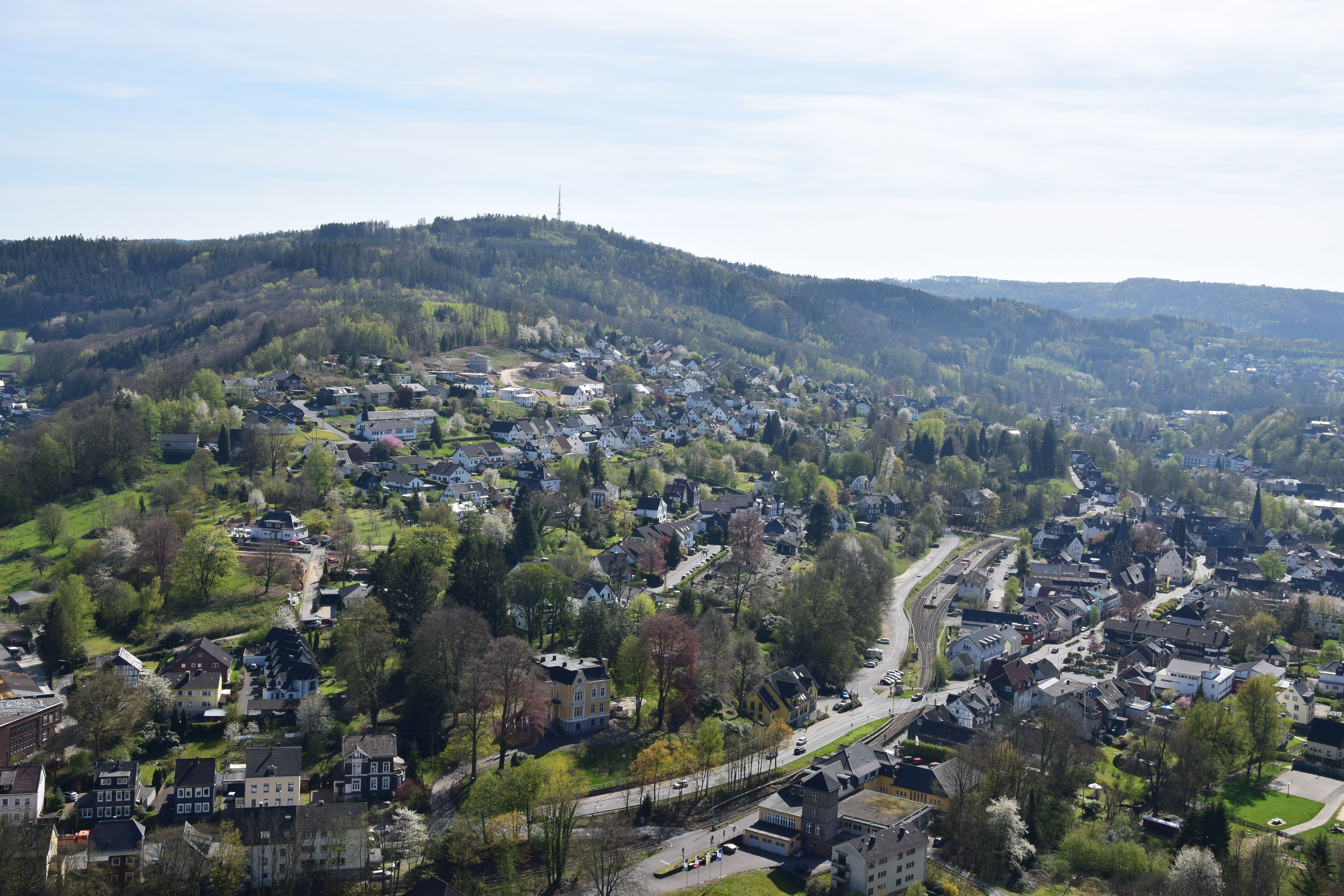 View of the hilly landscape of the Bergisches Land from the Haldyturm tower
