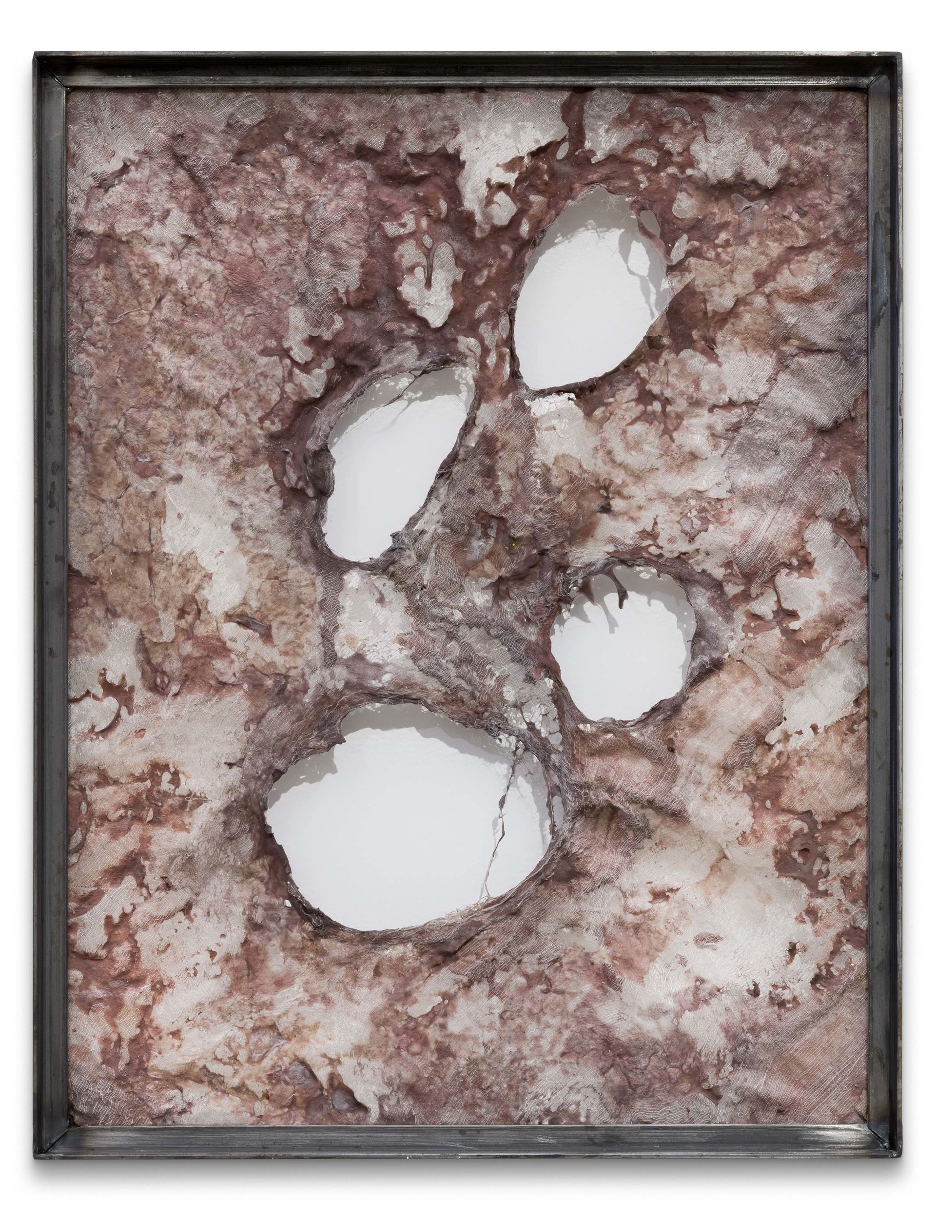 Mire Lee's wall-mounted sculpture from the "Faces" series is reminiscent of damaged skin, makes human vulnerability palpable, and breaks with classical ideals of beauty in sculpture