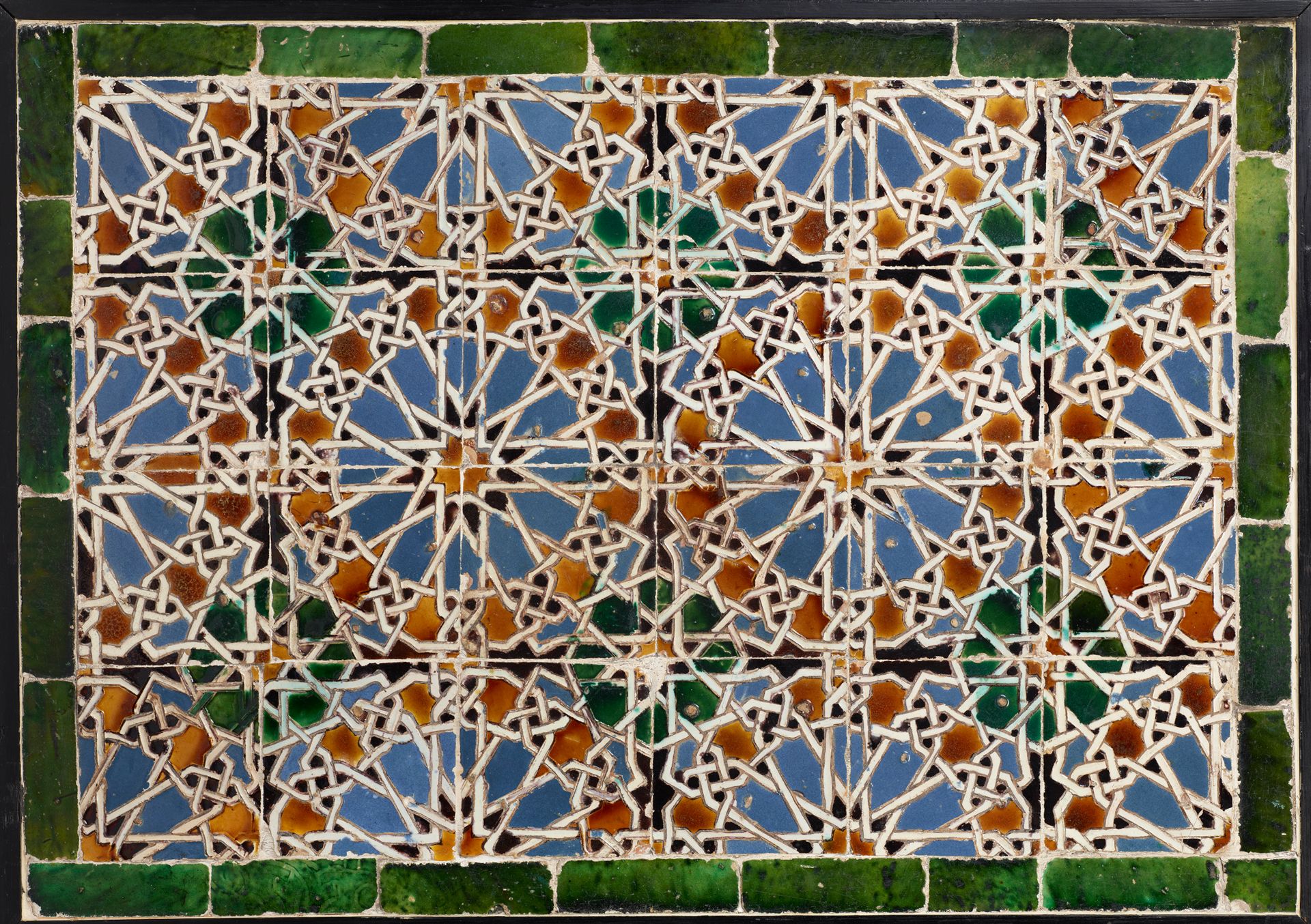 Tile panel, 1475 - 1500, Spain, Seville, quartz frit or earthenware, glaze colors, Cuerda-seca and Cuenca technique, 91.5 x 63.5 cm