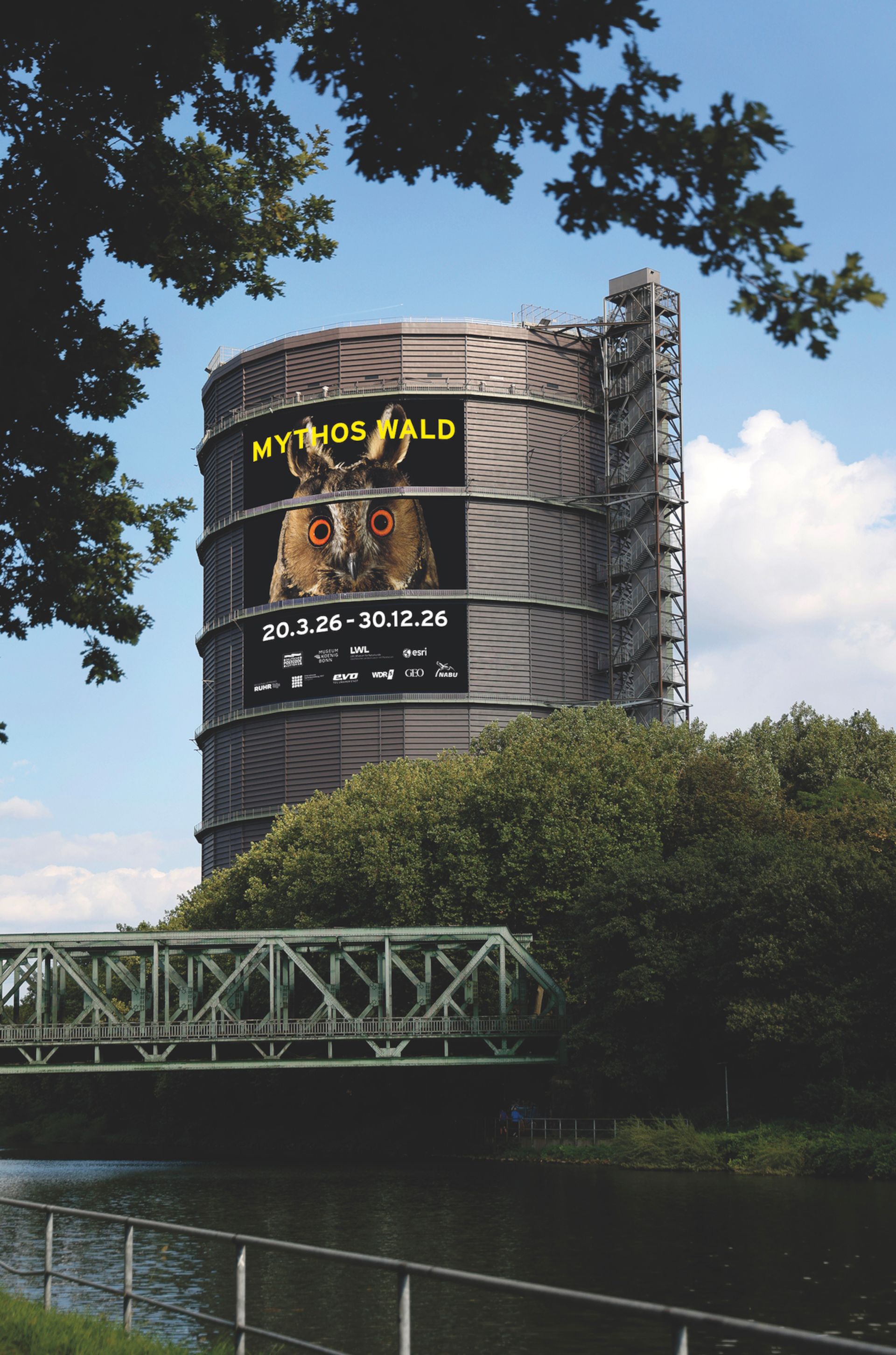 Gasometer with mega poster for the Mythos Wald exhibition