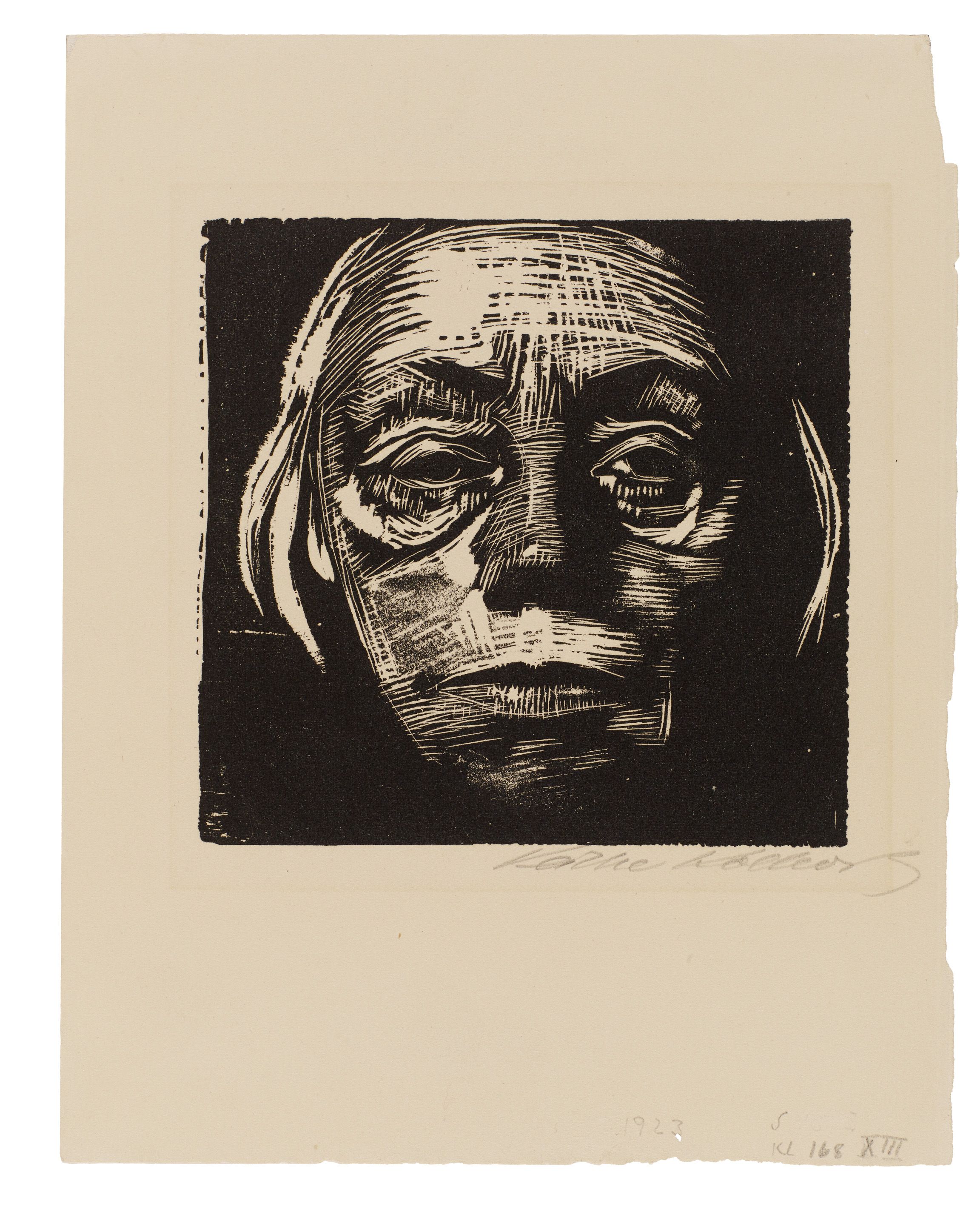 Käthe Kollwitz, 1867–1945, Selbstbildnis von vorn, 1922/23, Holzschnitt, 151 x 156 mm