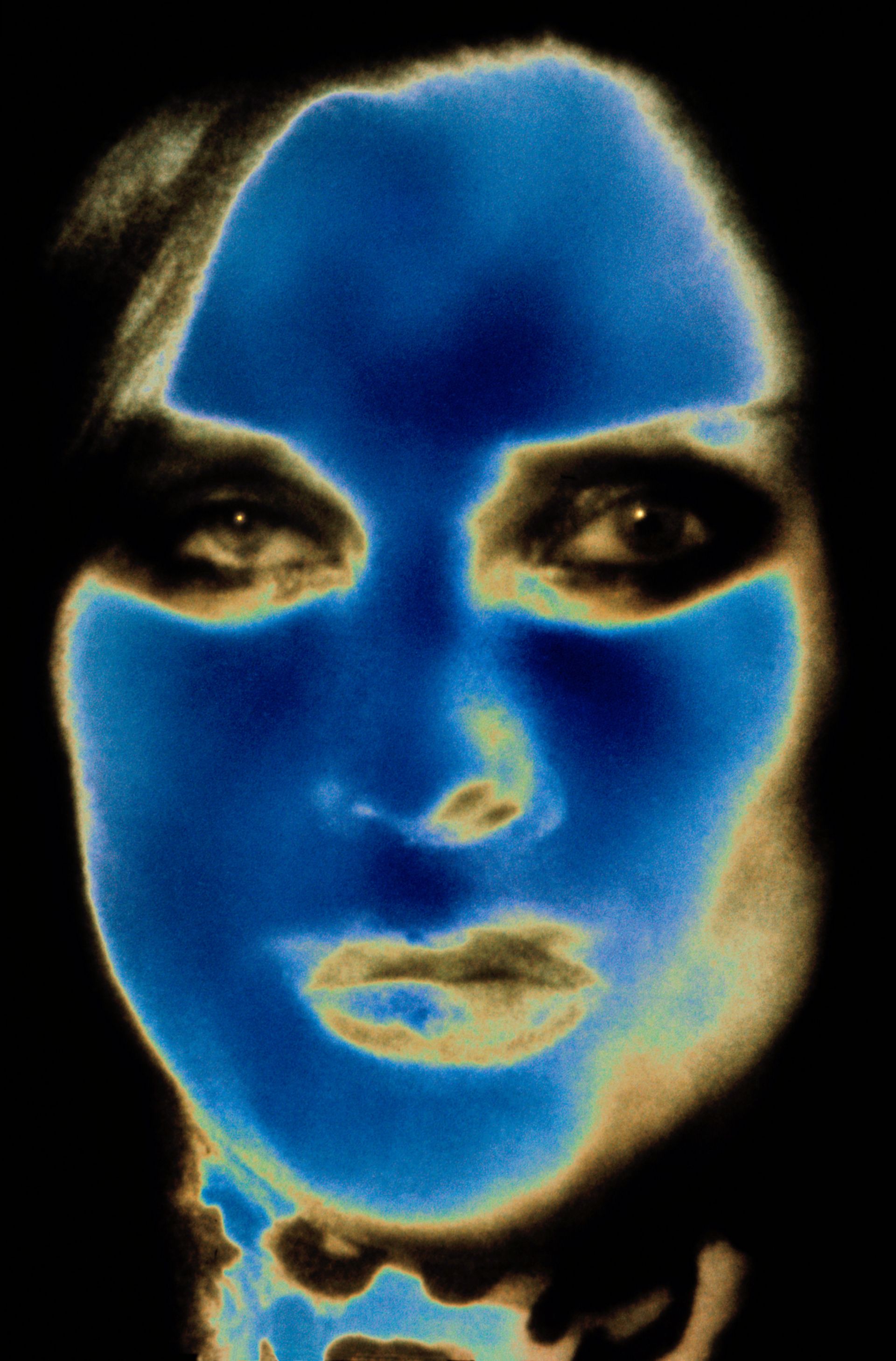 Katharina Sieverding, *Transformer Cyan*, *Solarisation 2A/B*, 1973/1974, color photography