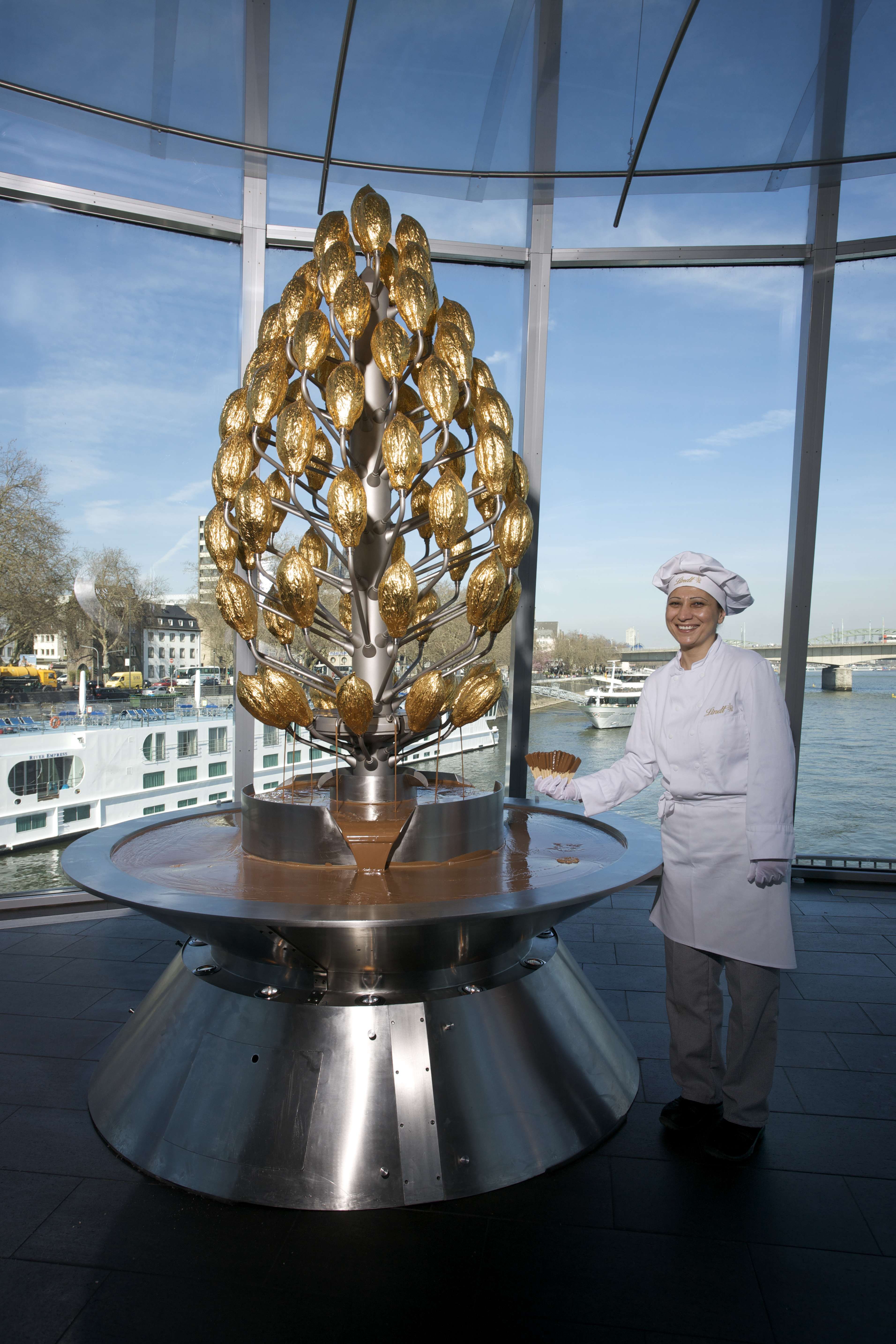 The large chocolate fountain is one of the exhibition highlights at the Cologne Chocolate Museum