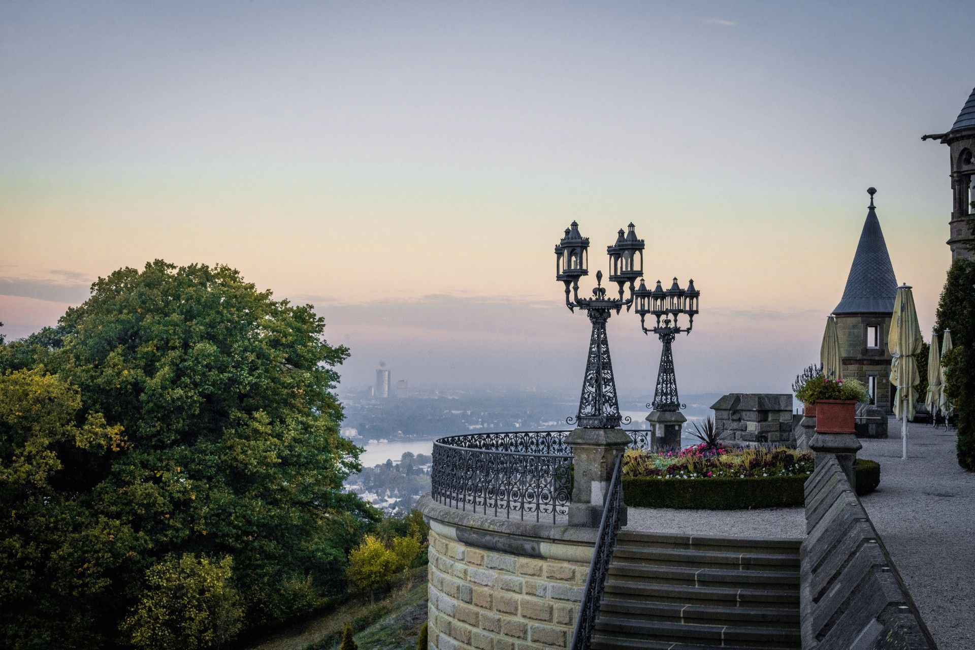 Terrace of Drachenburg Castle with the Rhine and Bonn in the background