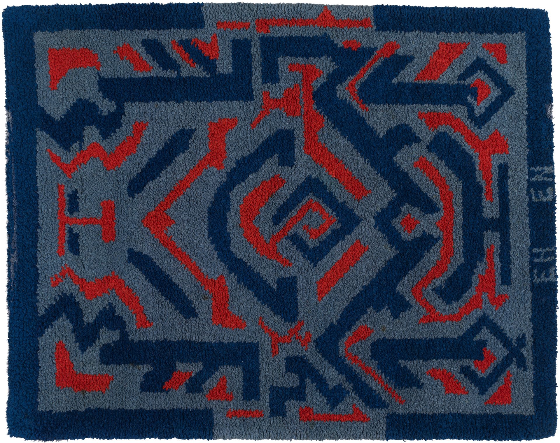 Elisabeth Nielsen-Georgi and Erich Heckel, Carpet with Blue-and-Red Ornamentation, wool, hand-knotted carpet on a knotted backing, Brücke Museum