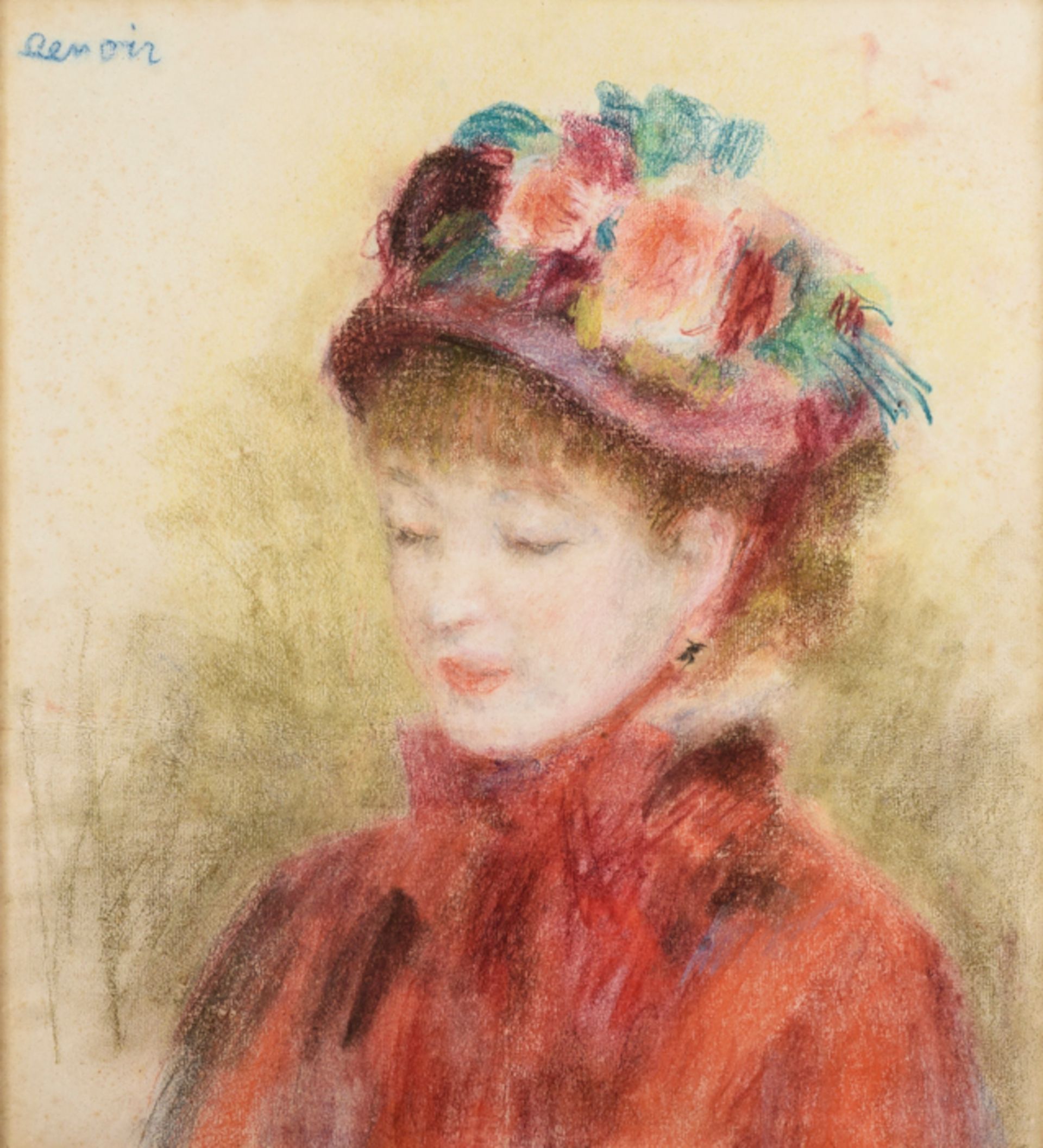 Pierre-Auguste Renoir, Young woman with flowered hat, 1877-1879, Pastel crayons on paper, 48×43 cm