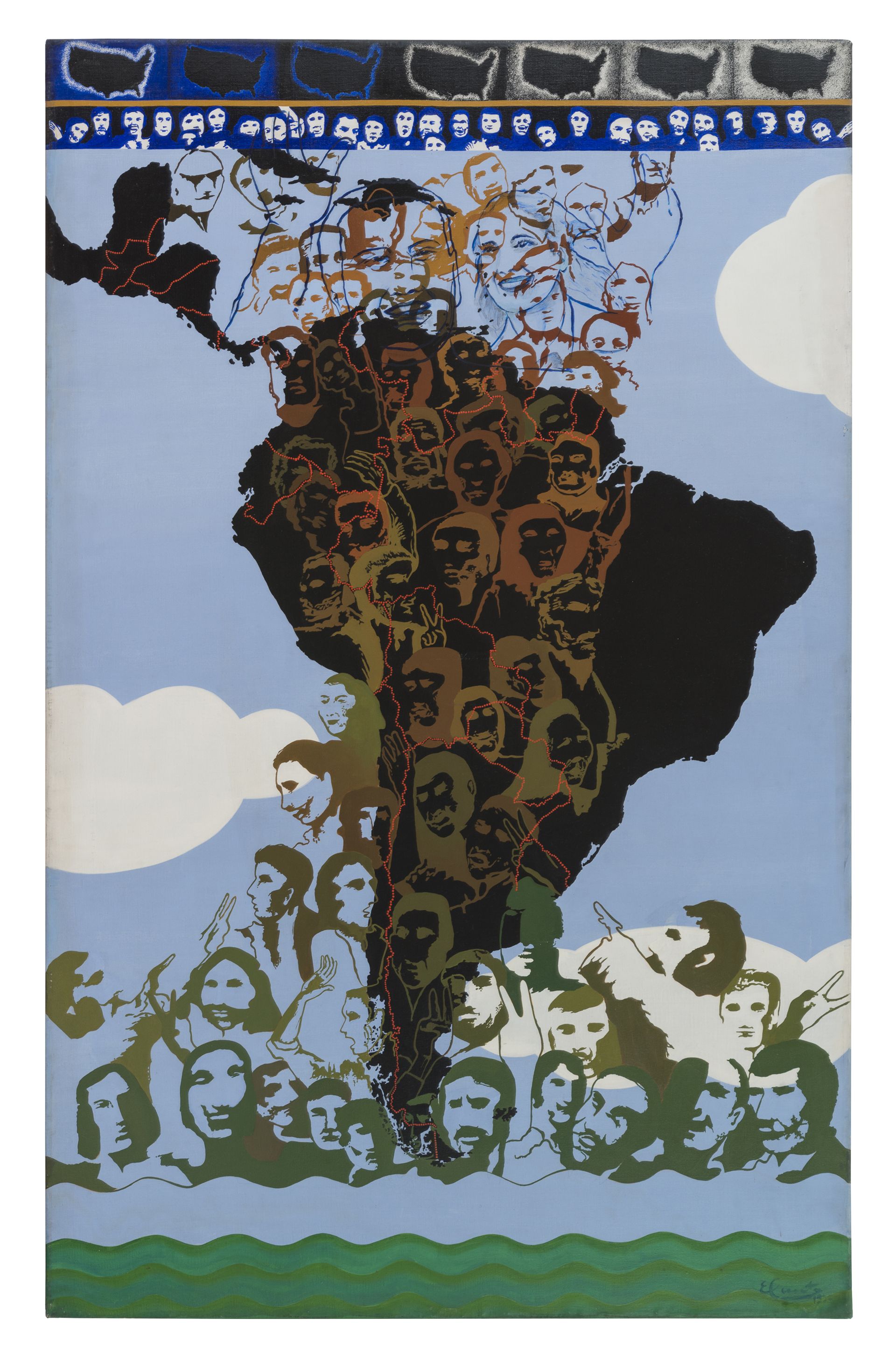The dense crowds in "The Hour of the Peoples" by the Italian-Argentine artist Elda Cerrato symbolize collective resistance and the quest for political sovereignty in Latin America