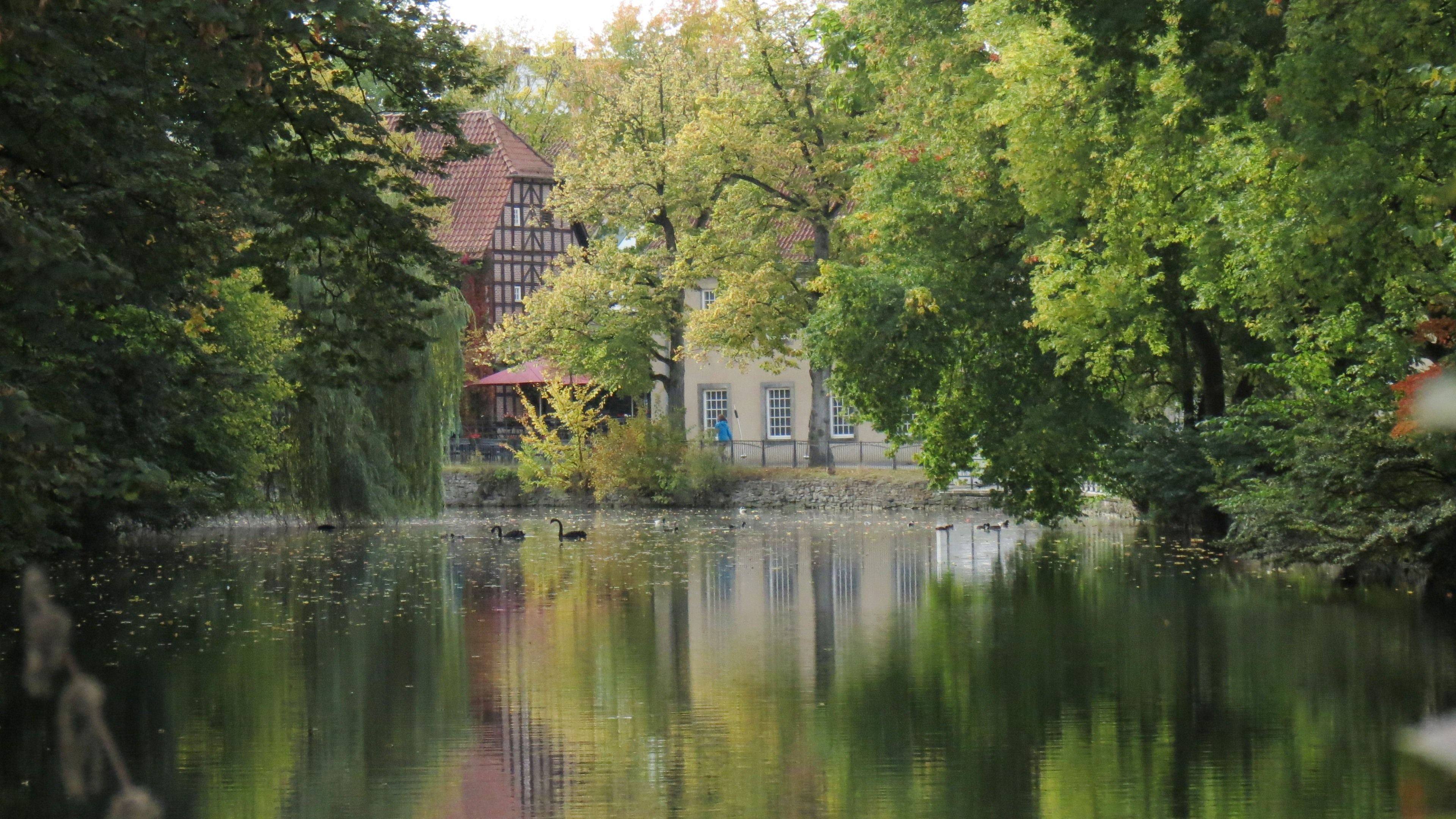 Anja Luckas, View from the lake of half-timbered houses in Detmold, Teutoburg Forest