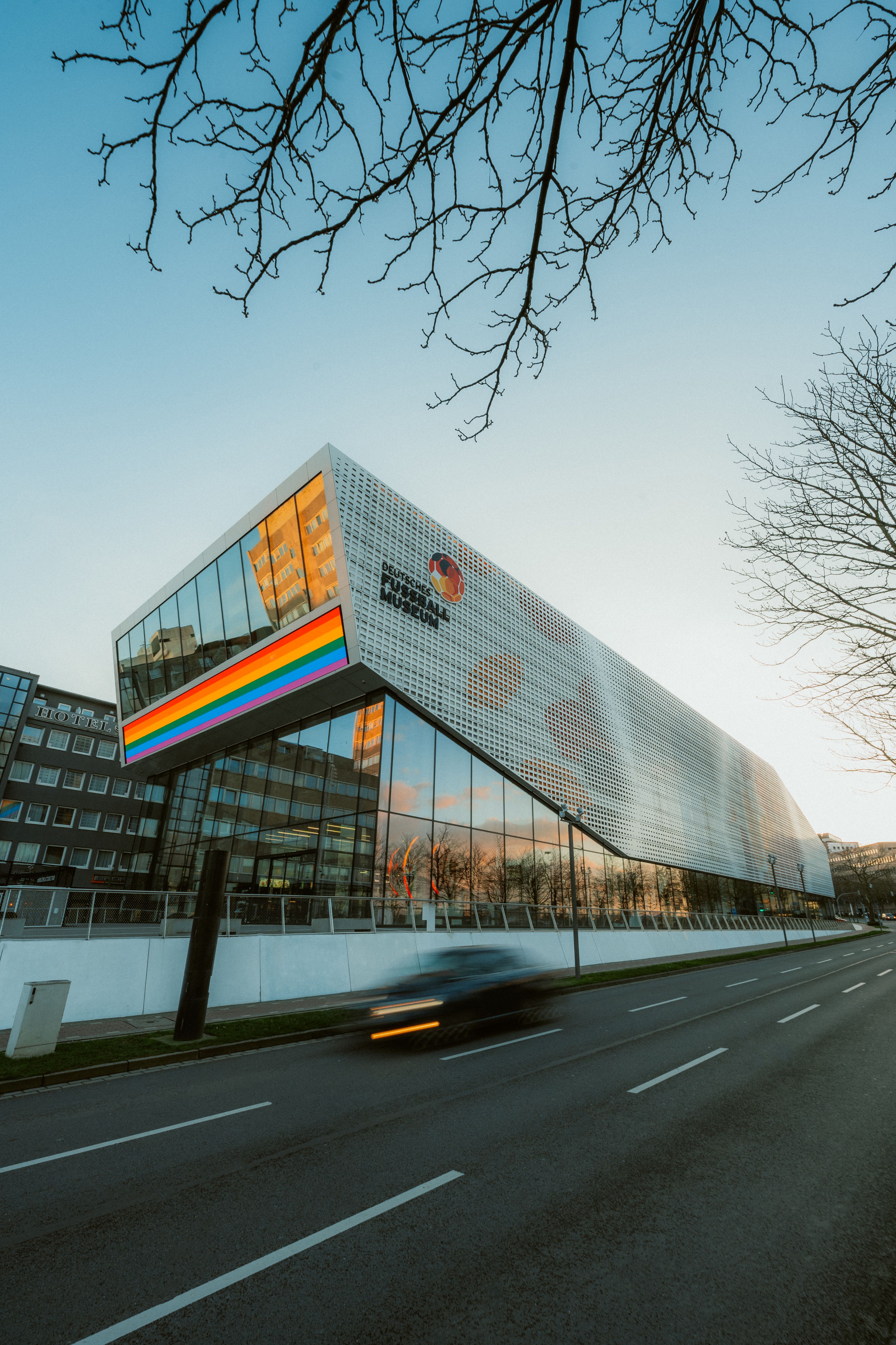 Exterior view of the Dortmund Football Museum with long exposure
