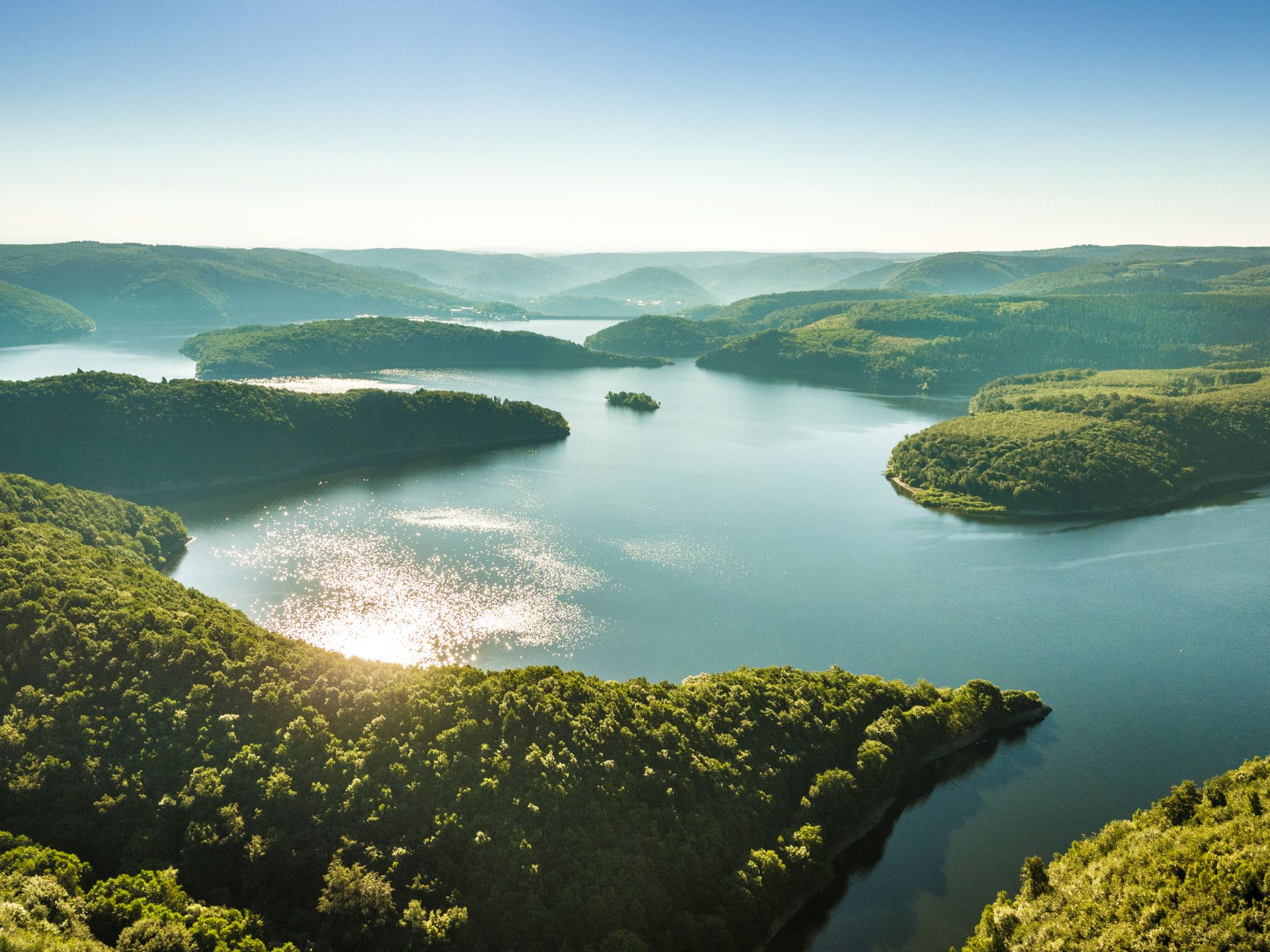 Aerial view of Lake Rursee in the sun
