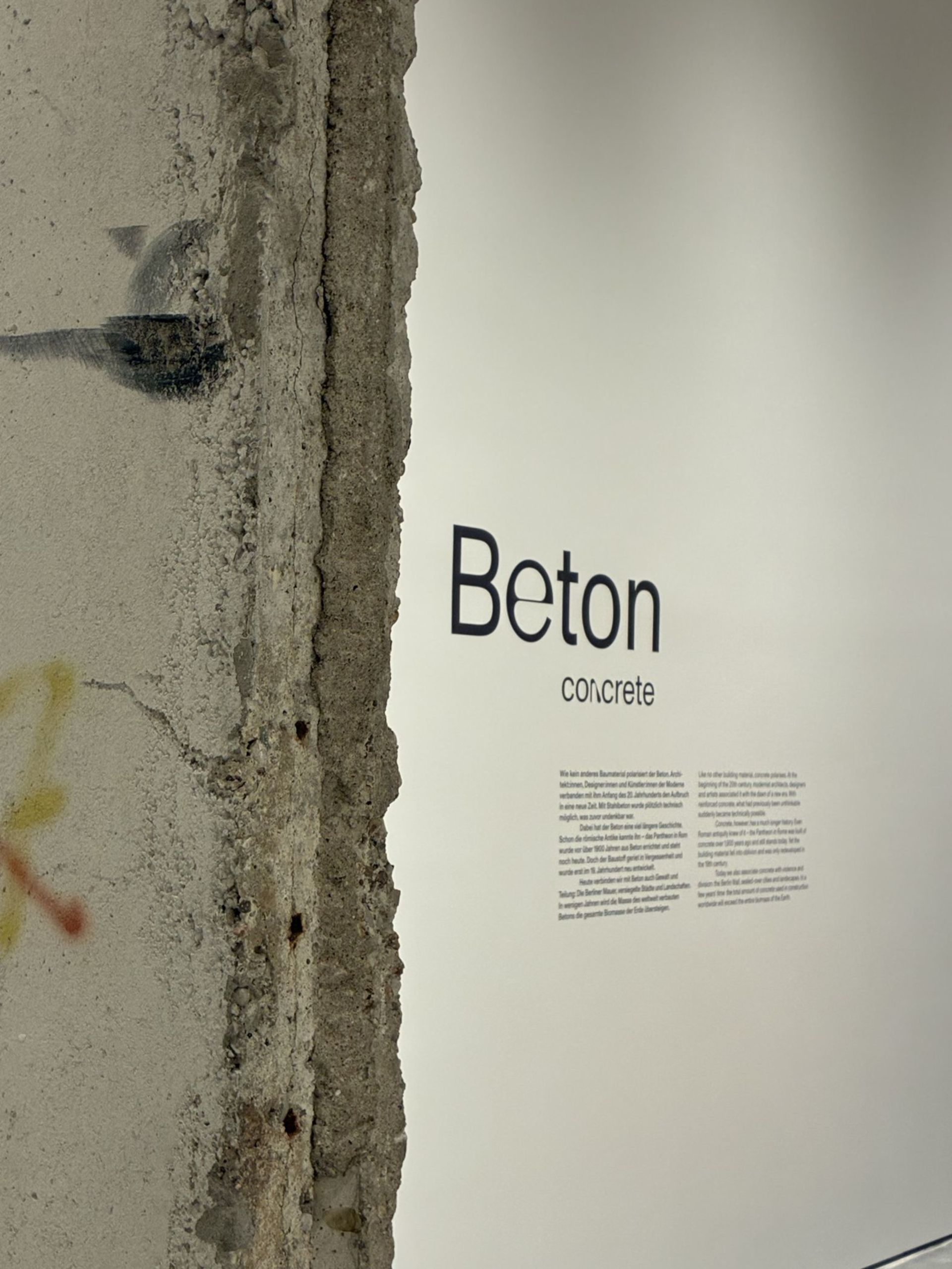 Under the overarching theme of "Concrete," for example, a section of the Berlin Wall is on display. It is Segment No. 297 from the area between the Reichstag and the Brandenburg Gate, featuring a work of art by the French artist Thierry Noir.