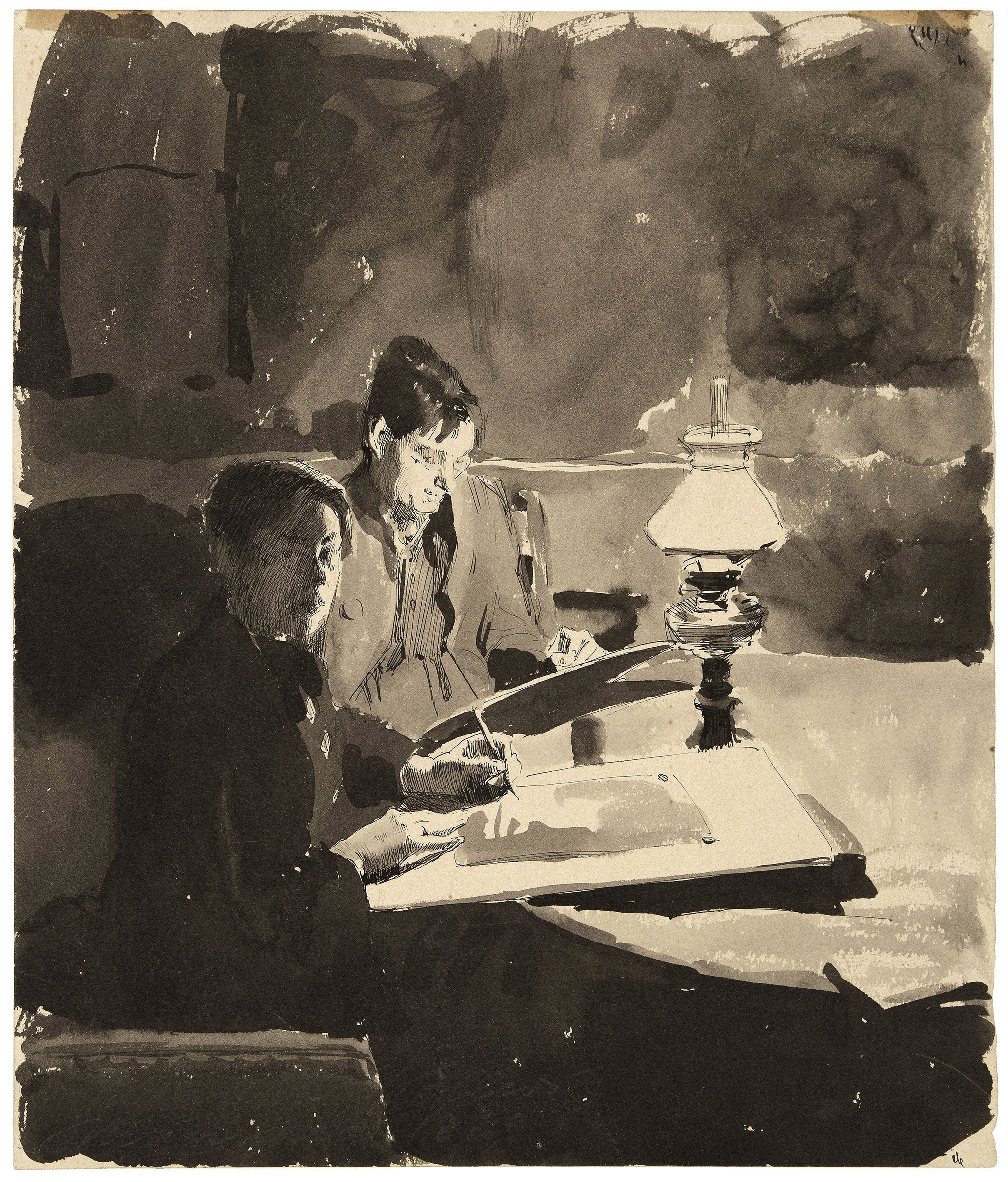 Käthe Schmidt (Kollwitz), 1867-1945, Self-portrait with fellow student, 1889, Pen and brush and ink on thick wove paper, 295 x 270 mm