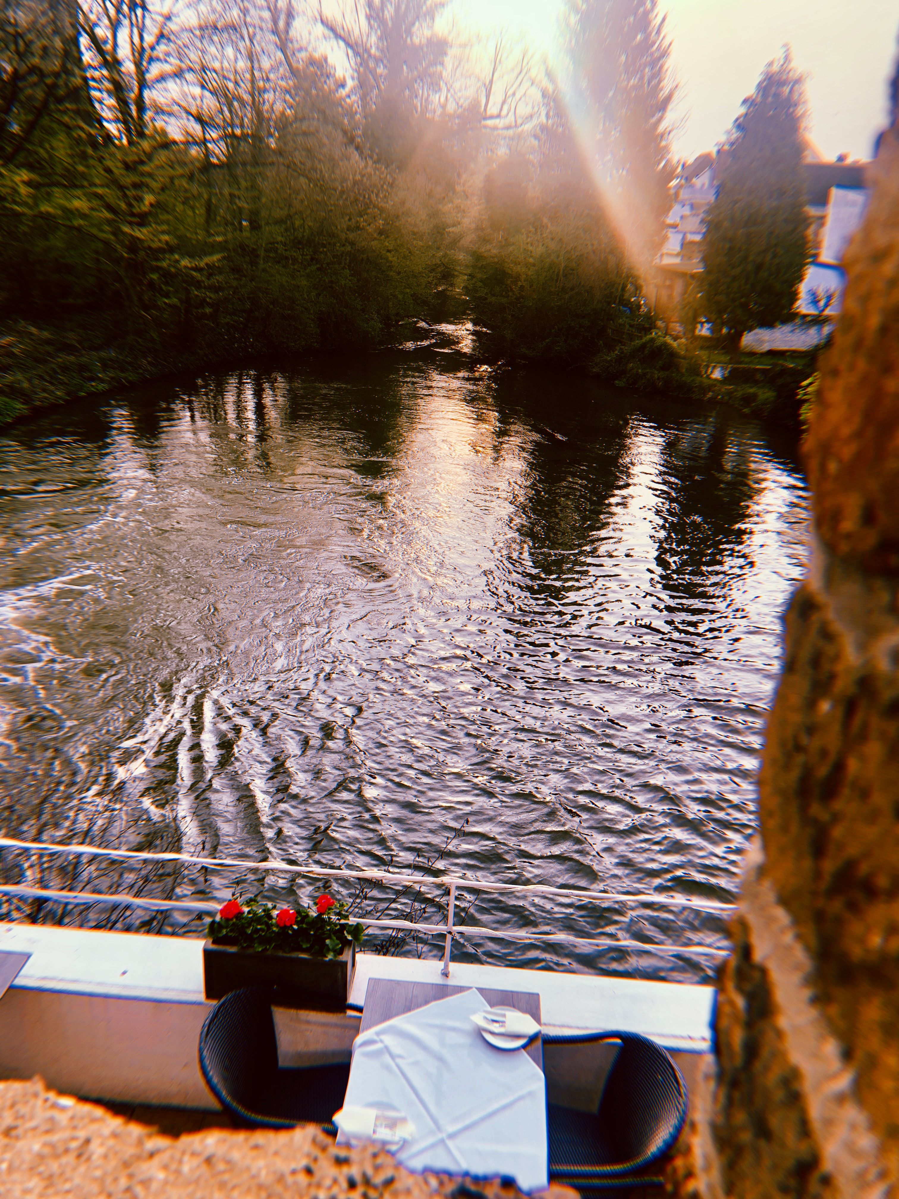 View of the terrace of the Bella Vista restaurant at the Hotel Bedburger Mühle, located on the Erft river