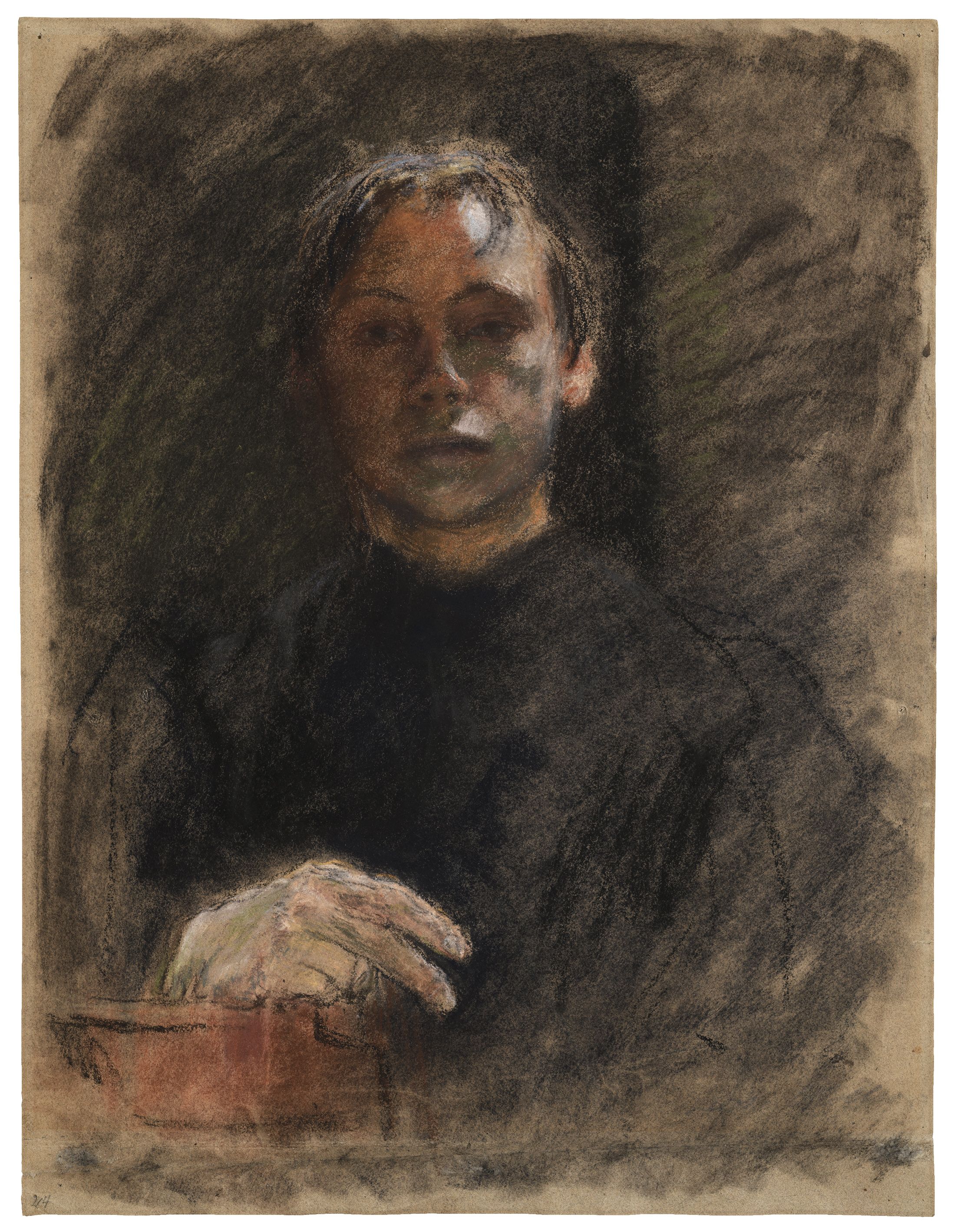 Käthe Kollwitz, 1867-1945, Self-portrait en face with right hand, c. 1893/94, colored chalk on olive-brown toned paper, 633 x 488 mm