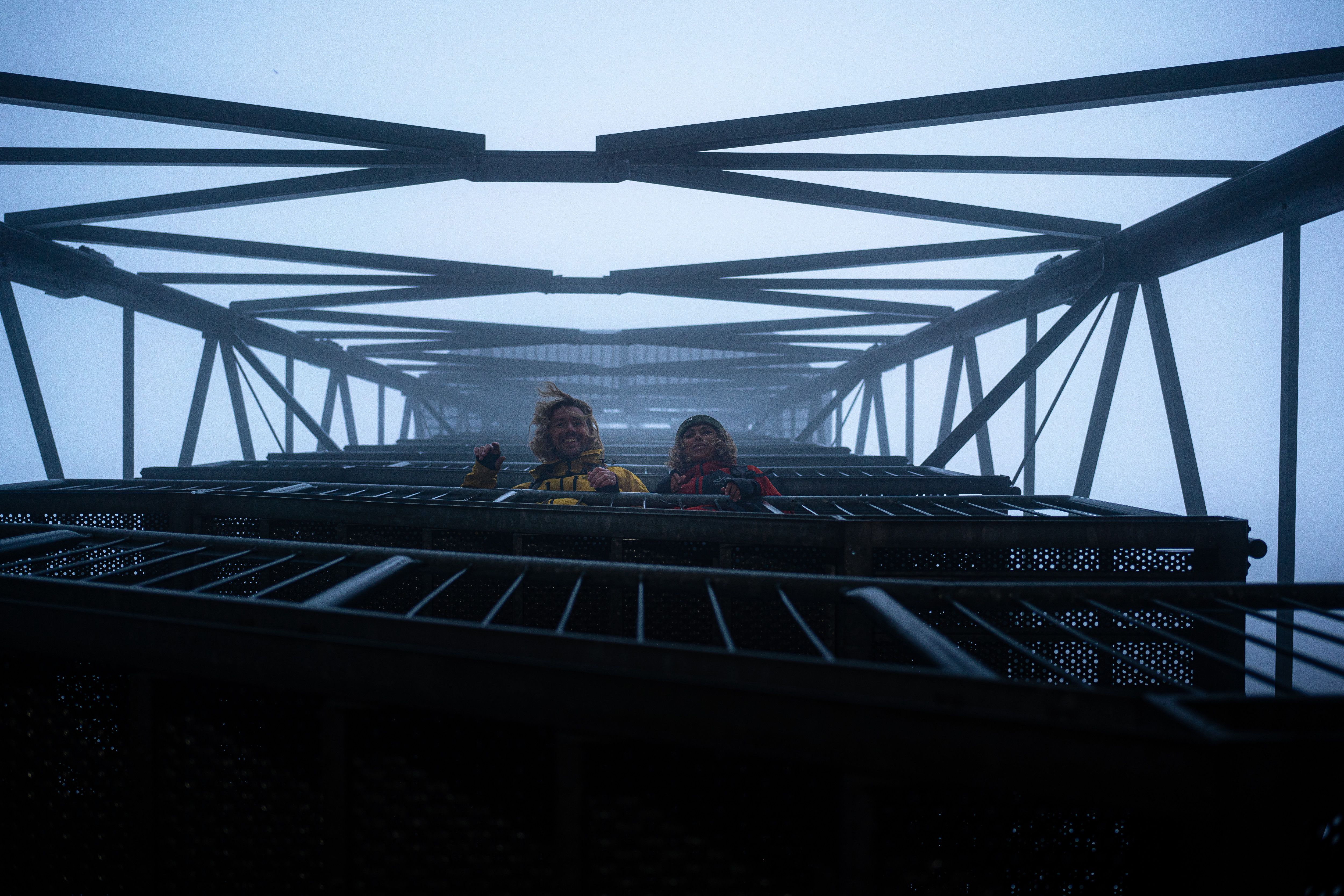 View from the Schomberg tower in the early morning fog while hiking on the Sauerland-Hoehenflug