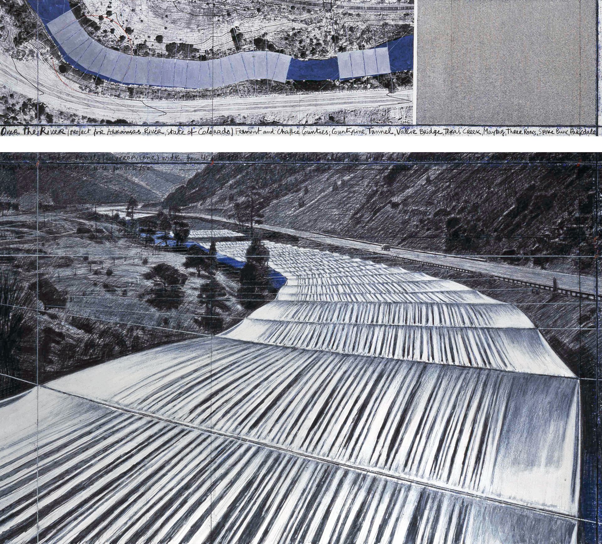Over the River (Project for Arkansas River, State of Colorado), 2006, pencil, charcoal, pastel crayon, wax crayon, enamel paint, aerial view with contour lines and fabric pattern, Christo and Jeanne-Claude Foundation, New York